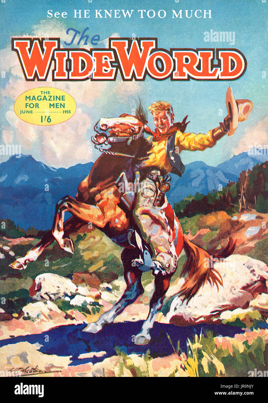 Abdeckung an der Vorderseite von der weiten Welt Magazin für Juni 1955, in dem ein Cowboy auf seinem Pferd. Stockfoto