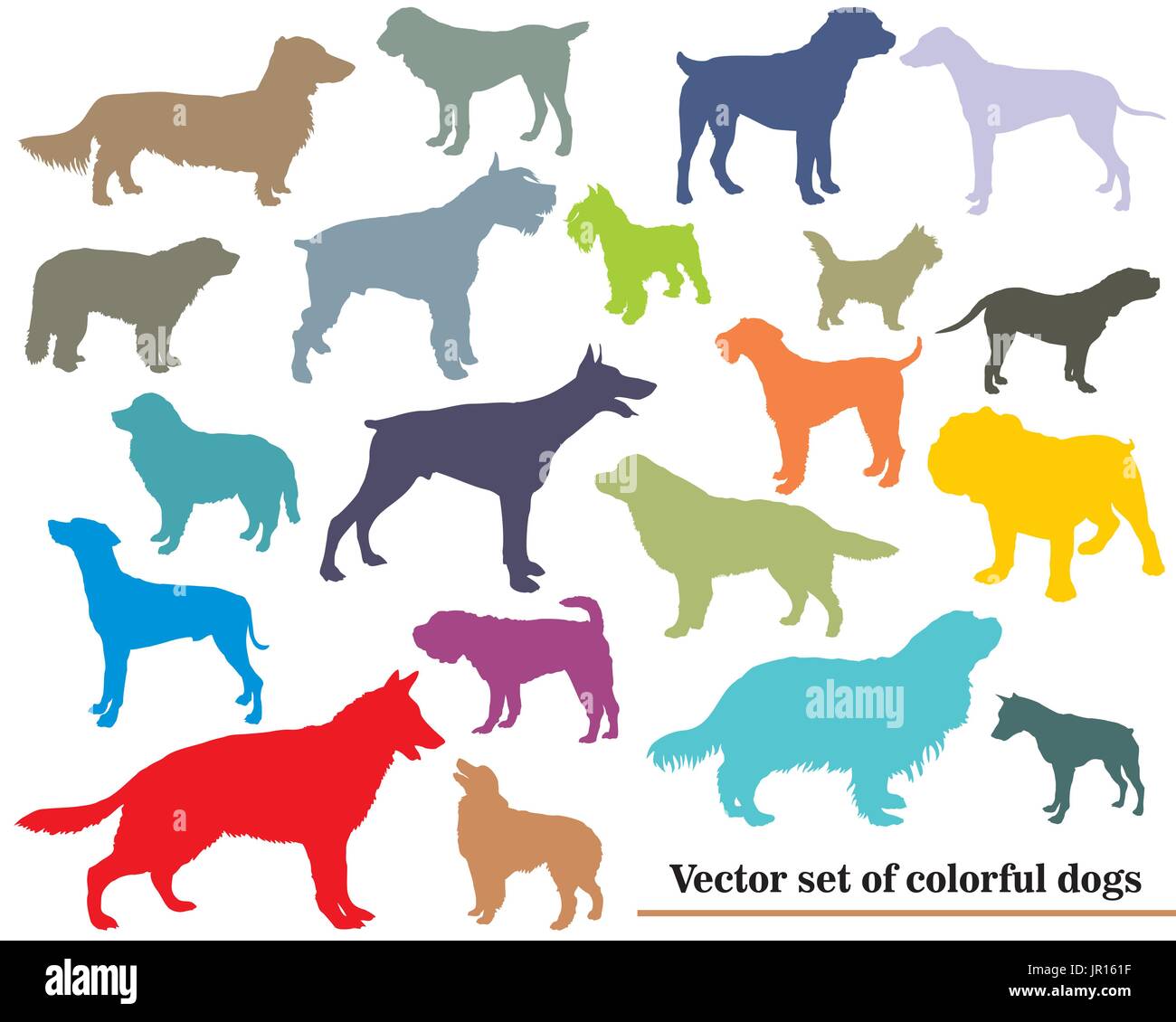 Vektor-Set von bunten isoliert verschiedener Rassen Hunde Silhouetten auf weißem Hintergrund Stock Vektor