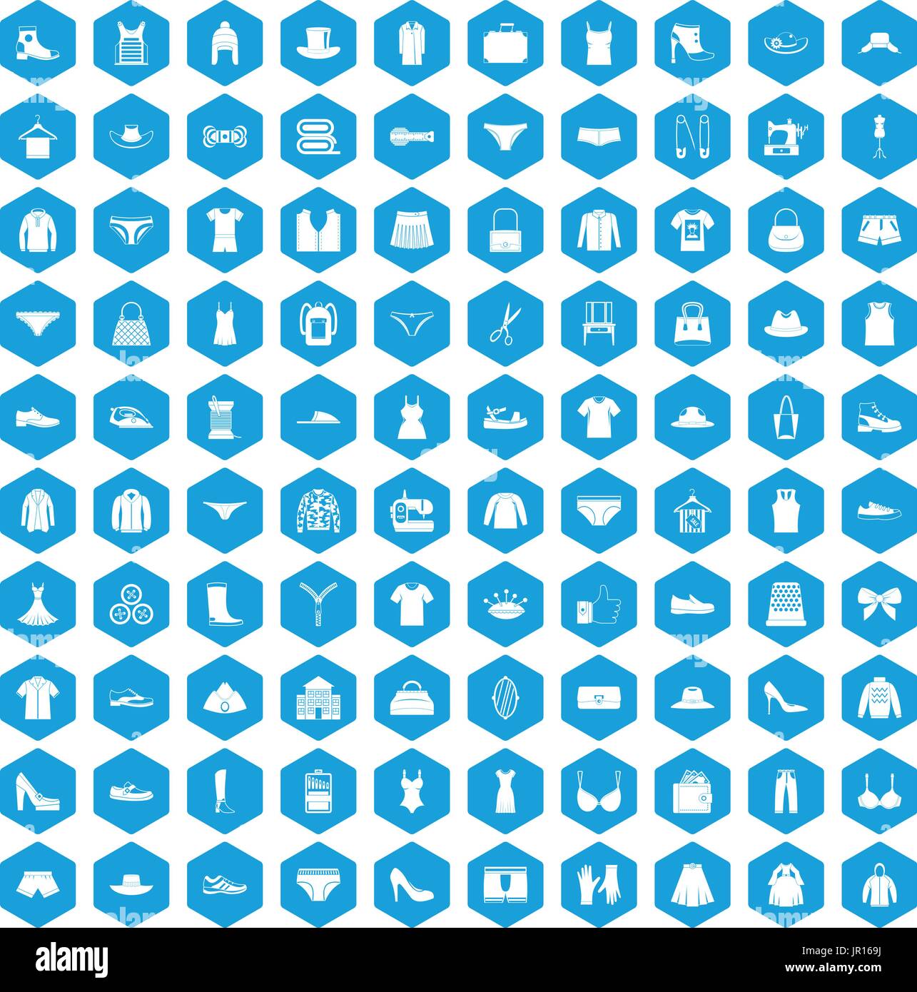 100 Nähen Icons set blau Stock Vektor