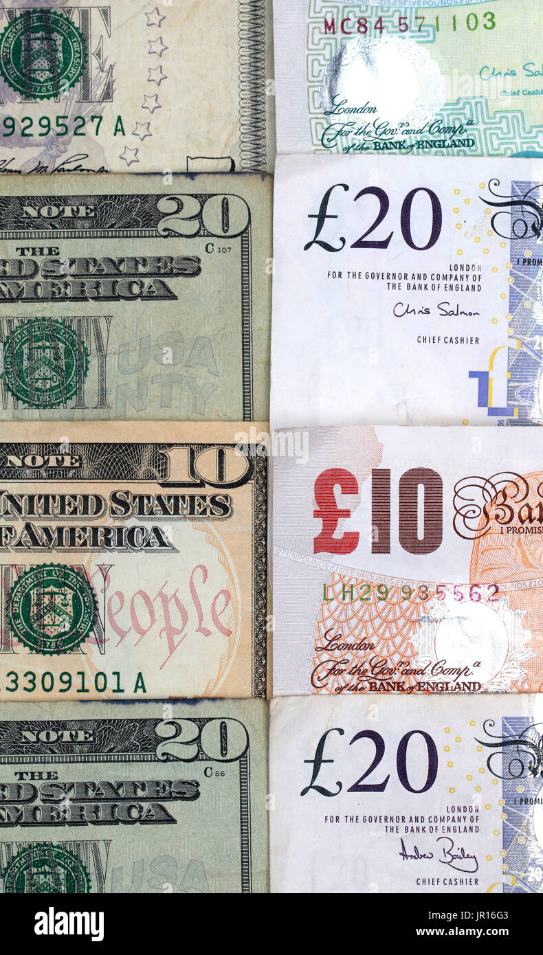Britische und amerikanische Geld nebeneinander Stockfoto