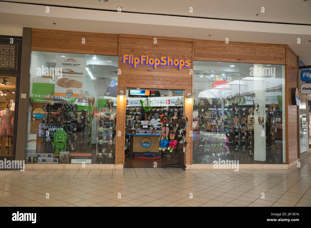 Flip Flop Geschäfte in einem Einkaufszentrum. Stockfoto