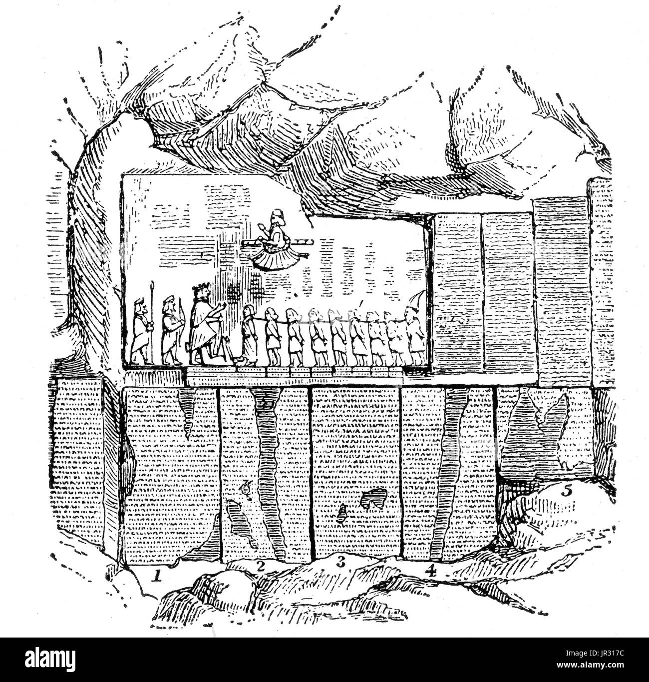 Die Behistun-Inschrift ist eine mehrsprachige Inschrift und großen Felsen Relief auf einer Klippe am Mount Behistun in Kermanshah Provinz des Iran, in der Nähe der Stadt Kermanshah im Westiran. Verfasst von Darius der große irgendwann zwischen 522 v. Chr. und 486 v. Chr. die Inschrift beginnt mit eine kurze Autobiographie des Darius, einschließlich seiner Herkunft und Abstammung. Später in der Inschrift bietet Darius eine lange Folge von Ereignissen, die nach dem Tod des Kyros und Kambyses II, in dem er neunzehn in einem Zeitraum von einem Jahr, legte mehrere Rebellionen im persischen Reich gekämpft. D Stockfoto