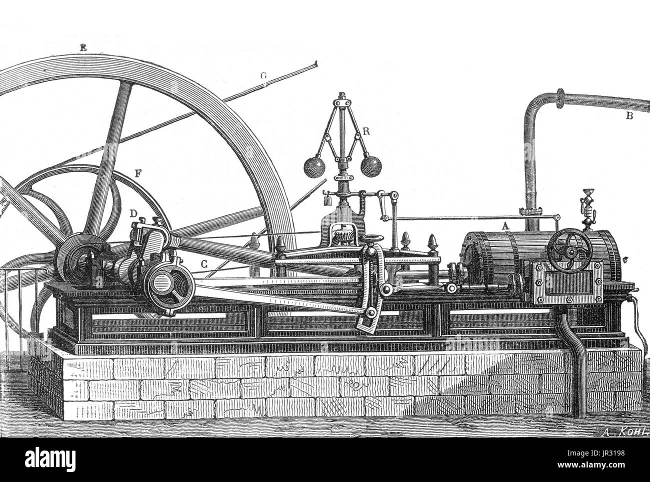 Dampfmaschine mit kein Kondensator, horizontalen Zylinder. Die erste aufgezeichnete rudimentäre Dampfmaschine war der Aeolipile von Heron von Alexandria im 1. Jahrhundert n. Chr. beschrieben. Ab dem 12. Jahrhundert, wurden eine Anzahl von Dampf betriebene Geräte experimentiert oder vorgeschlagen. 1712 wurde Newcomens atmosphärischen Motor der erste kommerziell erfolgreiche Motor mit dem Prinzip der Kolben und Zylinder, die die grundlegende Art Dampfmaschine bis ins frühe 20. Jahrhundert verwendet wurde. Während der industriellen Revolution begonnen Dampfmaschinen, Wasser- und Windkraft sowie schließlich Becam ersetzen Stockfoto