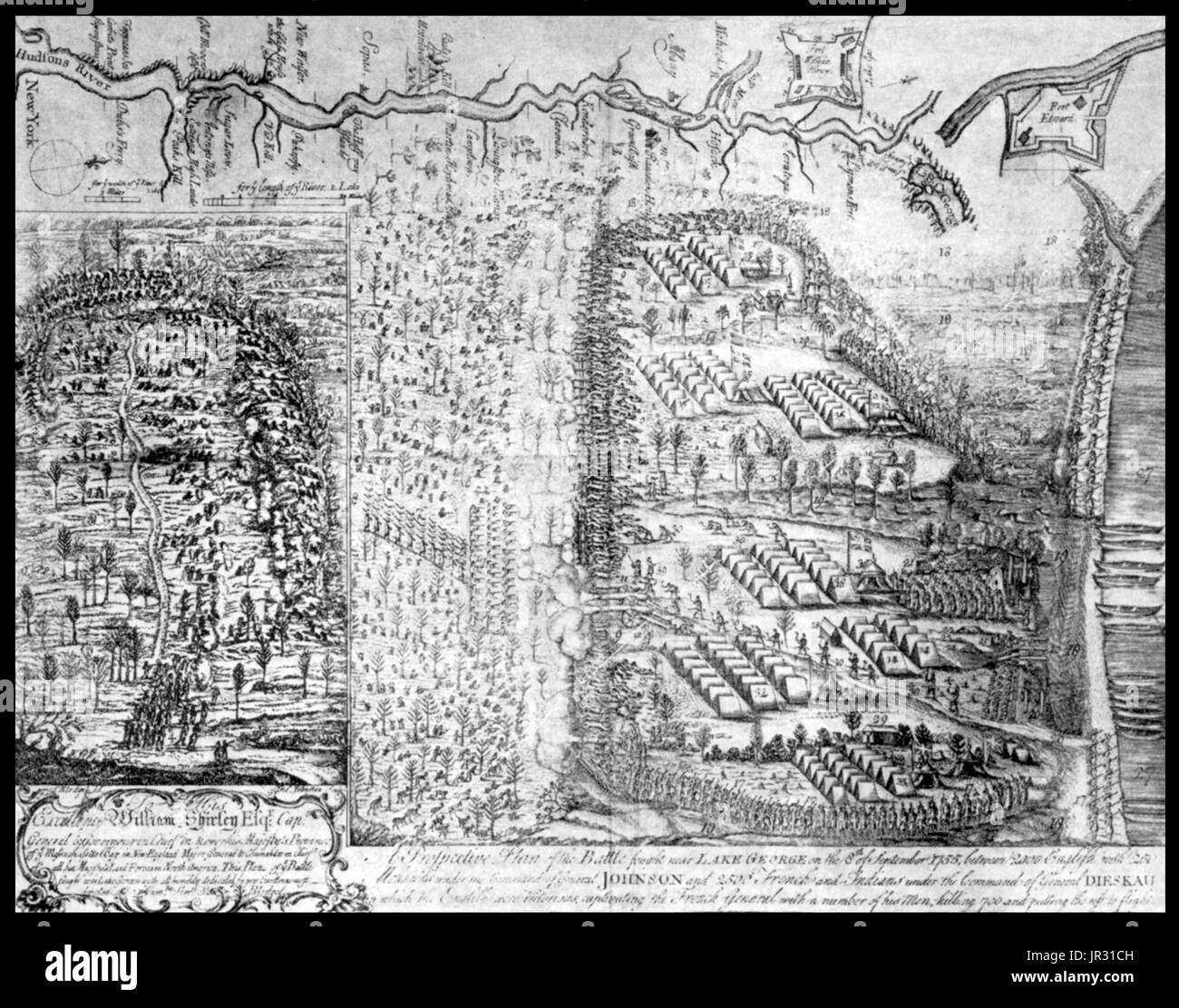Die Schlacht von Lake George wurde am 8. September 1755, im Norden von der Provinz New York gekämpft. Die Schlacht war Teil einer Kampagne von den Briten, die Franzosen aus Nordamerika im Franzosen- und Indianerkrieg zu vertreiben. Auf der einen Seite wurden 1.500 französische, kanadische und indische Truppen unter dem Kommando von Baron de Dieskau und auf der anderen Seite 1.500 Kolonialtruppen unter William Johnson und 200 Mohawks unter der Leitung von einem bekannten Krieg Chef, Hendrick Theyanoguin. Die Schlacht von Lake George, bestehend aus drei Teilen, endete schließlich mit einem britischen Sieg. Johnsons Expedition stockte schließlich Fort St. Fr Stockfoto