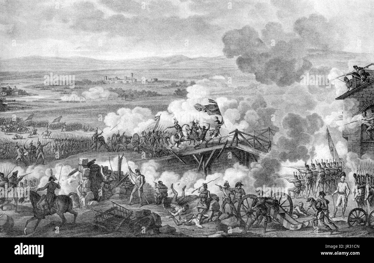 Die Schlacht von Arcole (November 15-17-1796) war eine Schlacht zwischen französischen und österreichischen Truppen 16 Meilen südöstlich von Verona während des ersten Koalitionskrieges, ein Teil von französische revolutionäre Kriege. Die Schlacht sah eine kühne Manöver von Napoleon Bonaparte Französisch Armee von Italien die österreichische Armee unter der Leitung von József Alvinczi und seine Linie der Rückzug abgeschnitten zu umgehen. Der französische Sieg erwies sich als ein sehr bedeutendes Ereignis während der dritte österreichische Versuch, die Belagerung von Mantua zu heben. Für zwei Tage griffen die Franzosen die Naturschutzbund verteidigte österreichische Position bei Arcole ohne Erfolg. Ihre pro Stockfoto