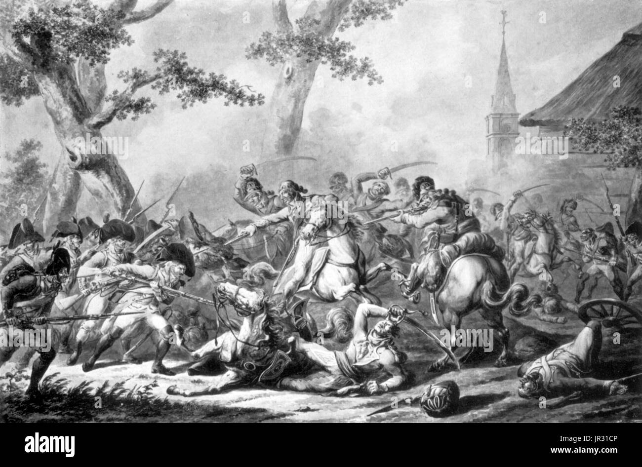 Während der napoleonischen Kriege Dragoner in der Regel eine Kavallerie Rolle übernommen, obwohl eine leichtere Klasse von berittenen Truppen als die gepanzerten Kürassiere bleiben. Dragoner Ritt größere Pferde als leichte Kavallerie und direkt, anstatt gebogene Schwerter geschwungen. Kaiser Napoleon oft komplette Divisionen aus seine 30 Dragoner-Regimenter gebildet und benutzten sie als Schlacht Kavallerie, um wichtigsten Widerstand des Feindes zu brechen. Im Jahre 1809 erzielte französische Dragoner beachtliche Erfolge gegen die spanischen Armeen in die Schlacht Ocana und die Schlacht von Alba de Tormes. Britische schwere Dragoner machte vernichtende Anklage gegen französische infa Stockfoto