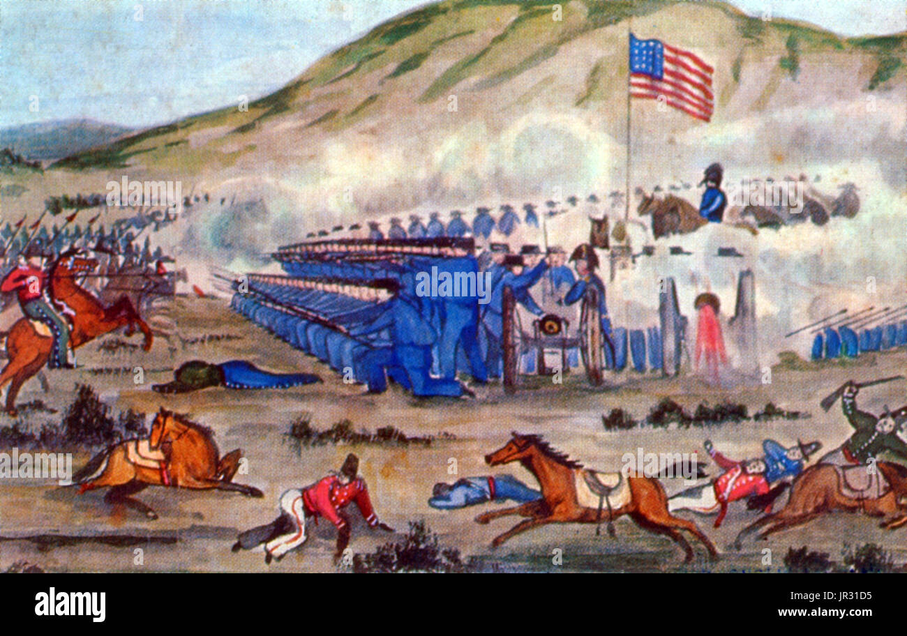 Detail der Schlacht von La Mesa gemachten kurz danach Soldat teilgenommen. Kearny sieht man auf dem Pferd, Kommandeur der Schlachtfelds. Die Schlacht von La Mesa, ereignete sich während des Mexikanisch-Amerikanischen Krieges, am 9. Januar 1847. Die Schlacht war ein Sieg für die US-Armee unter Commodore Stockton und General Kearny. Sie trafen General Flores' 300 starke Kraft der Californio Miliz, einschließlich Artillerie, in der Nähe, wo die Stadt Vernon, etwa vier Meilen südlich von Los Angeles steht. Die kalifornische Geschütze waren erfolglos, während die amerikanischen Waffen aus ihren Platz als reagierte die Amerikaner erweiterten. Flores Stockfoto