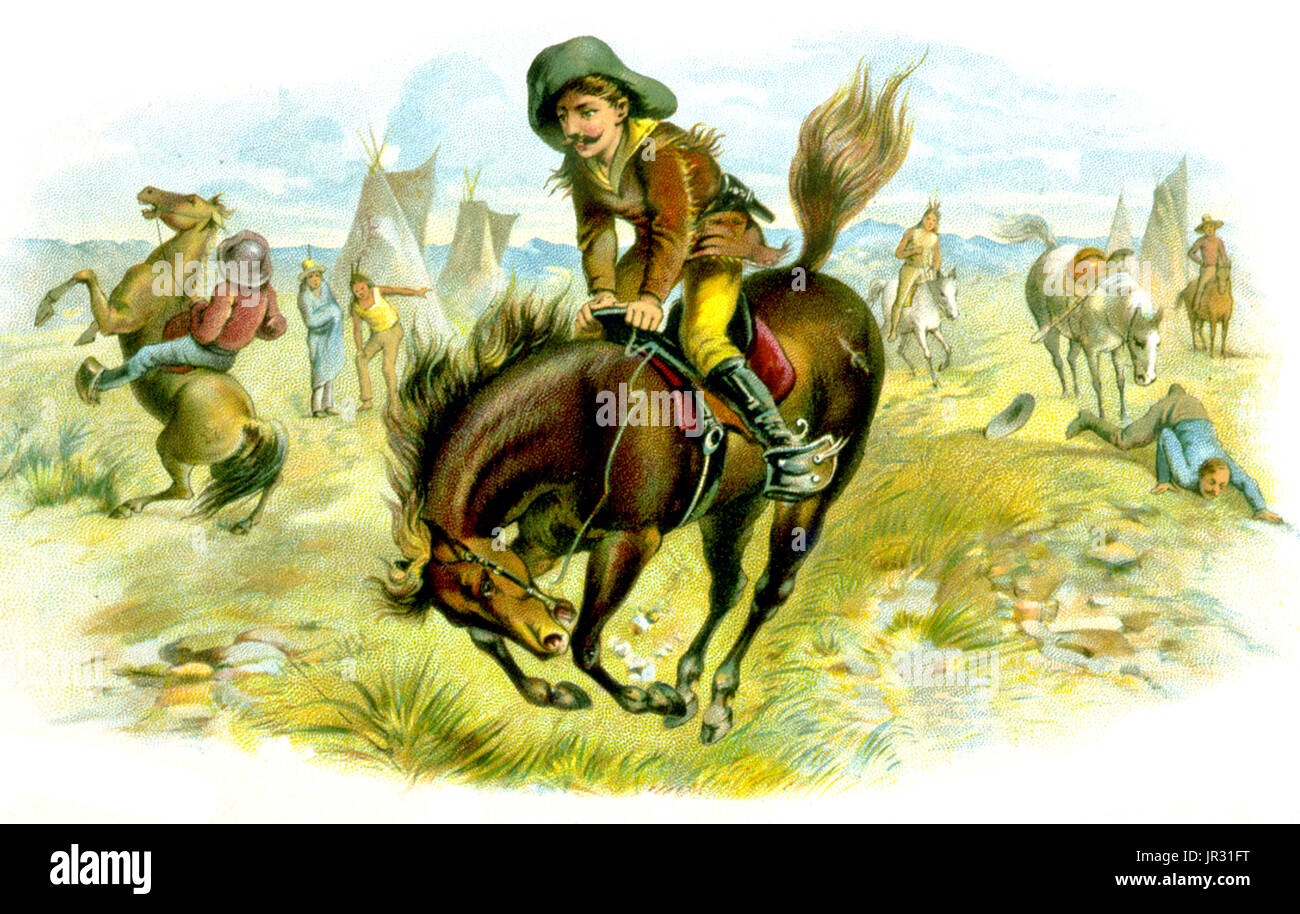 Cowboys des amerikanischen Westens entwickelt eine eigene persönliche Kultur, eine Mischung aus Frontier und viktorianischen Werte, die auch Spuren des Rittertums beibehalten. Diese gefährlicher Arbeit in isolierten Bedingungen gezüchtet auch eine Tradition der selbständigen Abhängigkeit und Individualismus, mit großen Wert legen auf persönliche Ehrlichkeit, beispielhaft in Lieder und Gedichte. Die durchschnittliche Cowboy verdient rund einem Dollar ein Tag, plus Essen, und wenn in der Nähe der Heimat Ranch, ein Bett im Bunkhouse, in der Regel eine Kaserne-artige Gebäude mit einem einzigen offenen Raum. Ruckeln ist eine Bewegung, durchgeführt von einem Pferd, in dem das Tier den Kopf senkt, und erhöhen Stockfoto