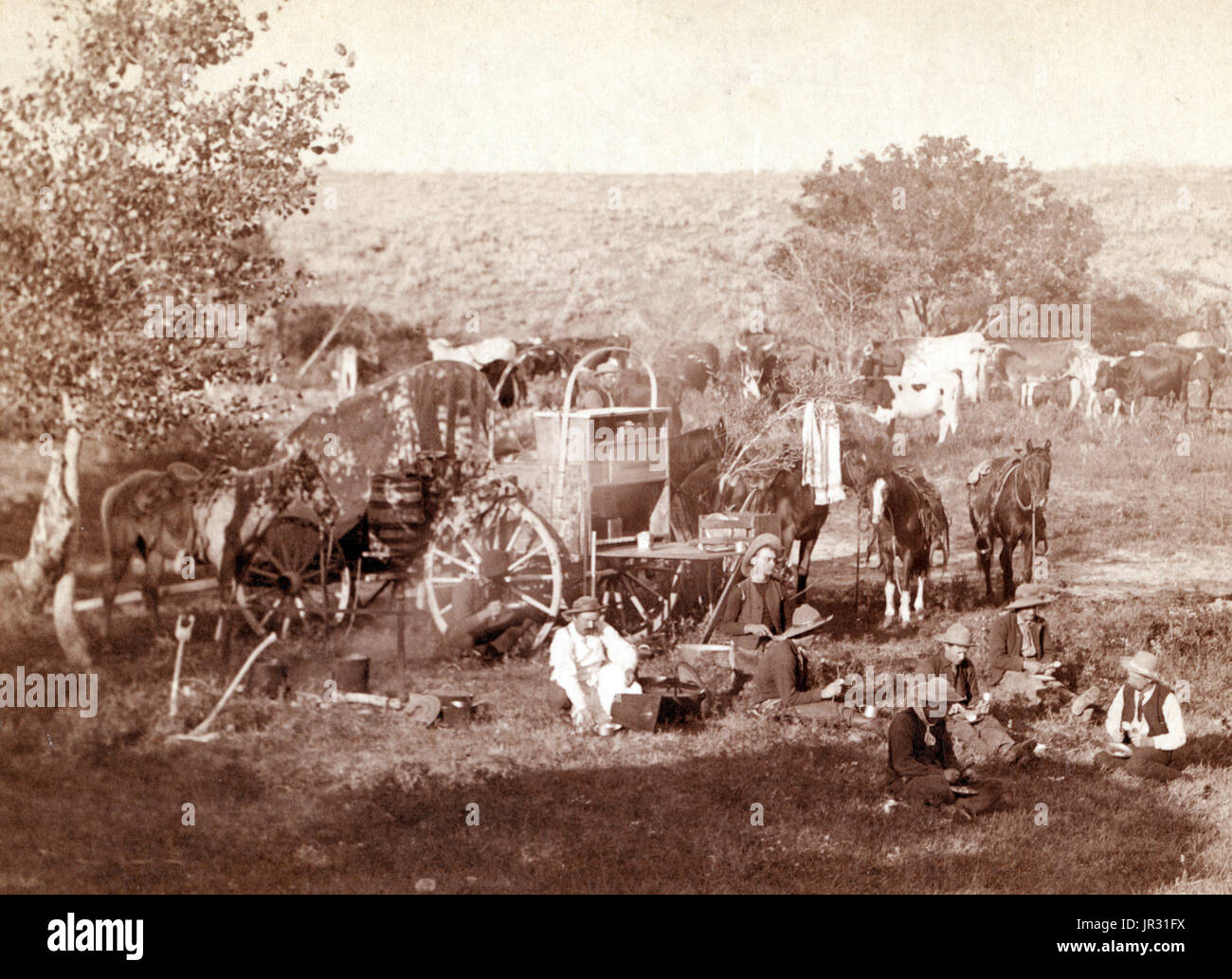 Die Chuckwagon ist Charles Goodnight, ein Texas Rancher zugeschrieben, die das Konzept im Jahr 1866 eingeführt. Cattlemen hüteten Vieh in Teilen des Landes, die nicht Eisenbahnen hatten was bedeutete, dass sie für Monate am Stück auf der Straße gefüttert werden mussten. Gute Nacht den Studebaker Wagen, eine dauerhafte Armee Überschuss Wagen geändert, hinzugefügt eine "Chuck Box" auf der Rückseite des Wagens mit Schubladen und Regalen für Stauraum und einen aufklappbaren Deckel auf eine flache Oberfläche zur Verfügung zu stellen. Ein Wasserfass war auch auf dem Wagen befestigt und Leinwand hing unten um Brennholz zu tragen. Ein Kombi-Feld wurde zum Kochen Supplie speichern Stockfoto