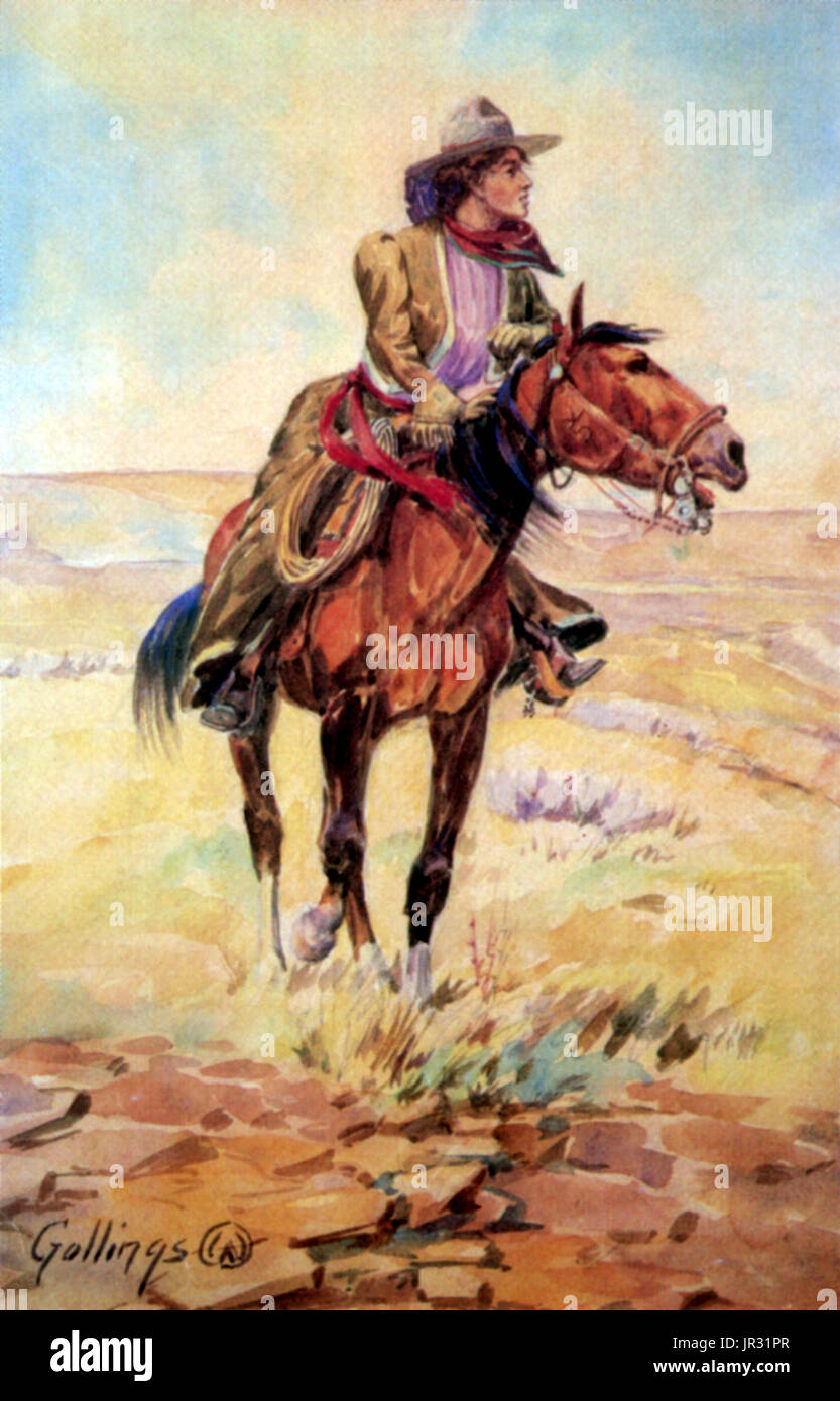 Eine Wyoming Cowgirl reitet das Angebot in diesem Aquarell von Cowboy Künstler e.w. 'Bill' Gollings. Die Geschichte der Frauen im Westen, und Frauen, die vor allem auf Rinderfarmen gearbeitet ist wie jene der Männer nicht so gut dokumentiert. Es war nicht bis zum Aufkommen des wilden Westen zeigt, die "Cowgirls" auf ihre Kosten kamen. Diese Erwachsenen Frauen waren qualifizierte Künstler, Reiten, Experte Treffsicherheit zeigen und Trick roping, das Publikum auf der ganzen Welt unterhalten. Frauen wie Annie Oakley wurden bekannte Namen. Bis zum Jahr 1900 Röcke Split für Reiten Hindurchläuft populär, und erlaubte Frauen zu konkurrieren mit den m Stockfoto