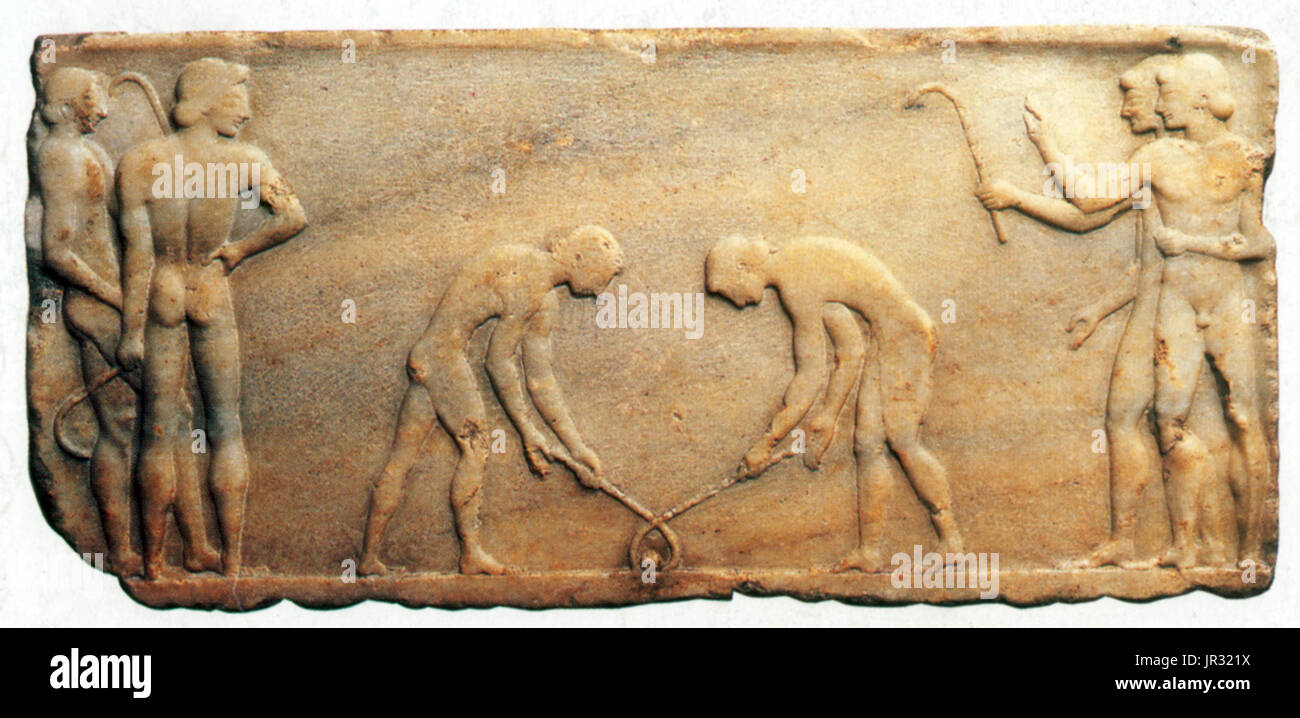 Bas-Relief, KeretÃ-zein AKA Hockey, 600 v. Chr. Stockfoto