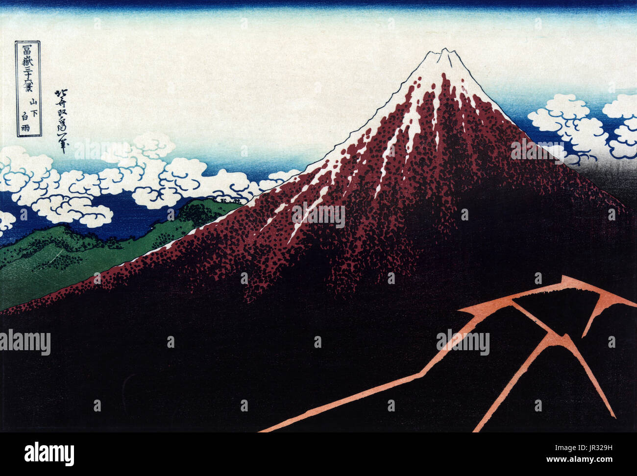 Mount Fuji, regensturm unter dem Gipfel, 1830 s Stockfoto