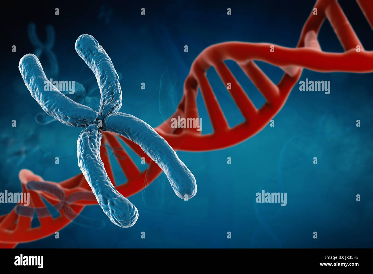 3D Rendering blau Chromosom mit Dna-Helix auf blauem Hintergrund Stockfoto