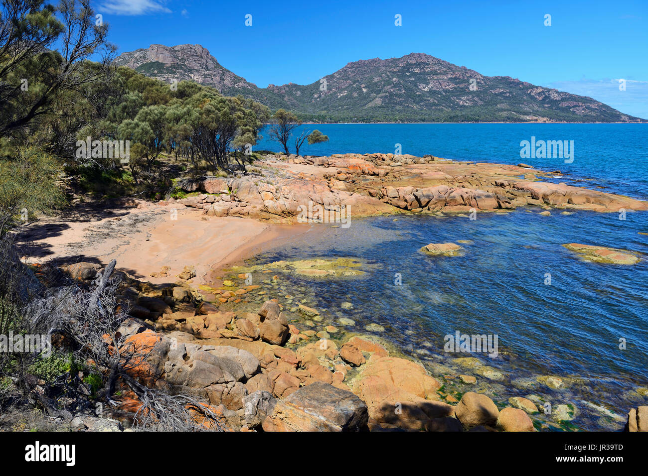 Coles Bay mit Blick auf die Gefahren und Freycinet National Park auf Ost-Küste von Tasmanien, Australien Stockfoto