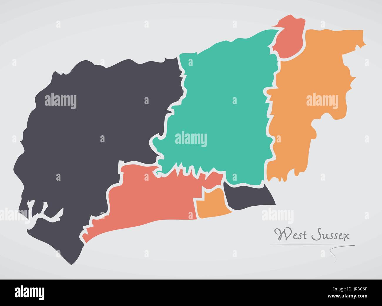 West Sussex England Karte mit Staaten und moderne Runde Formen Stock Vektor
