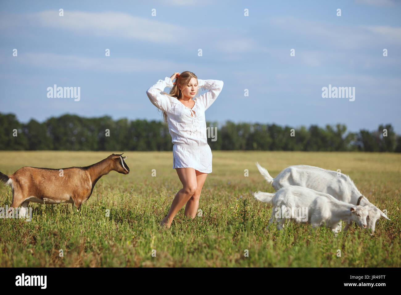 Frau steht in einem Feld neben Weiden Hausziegen. Stockfoto