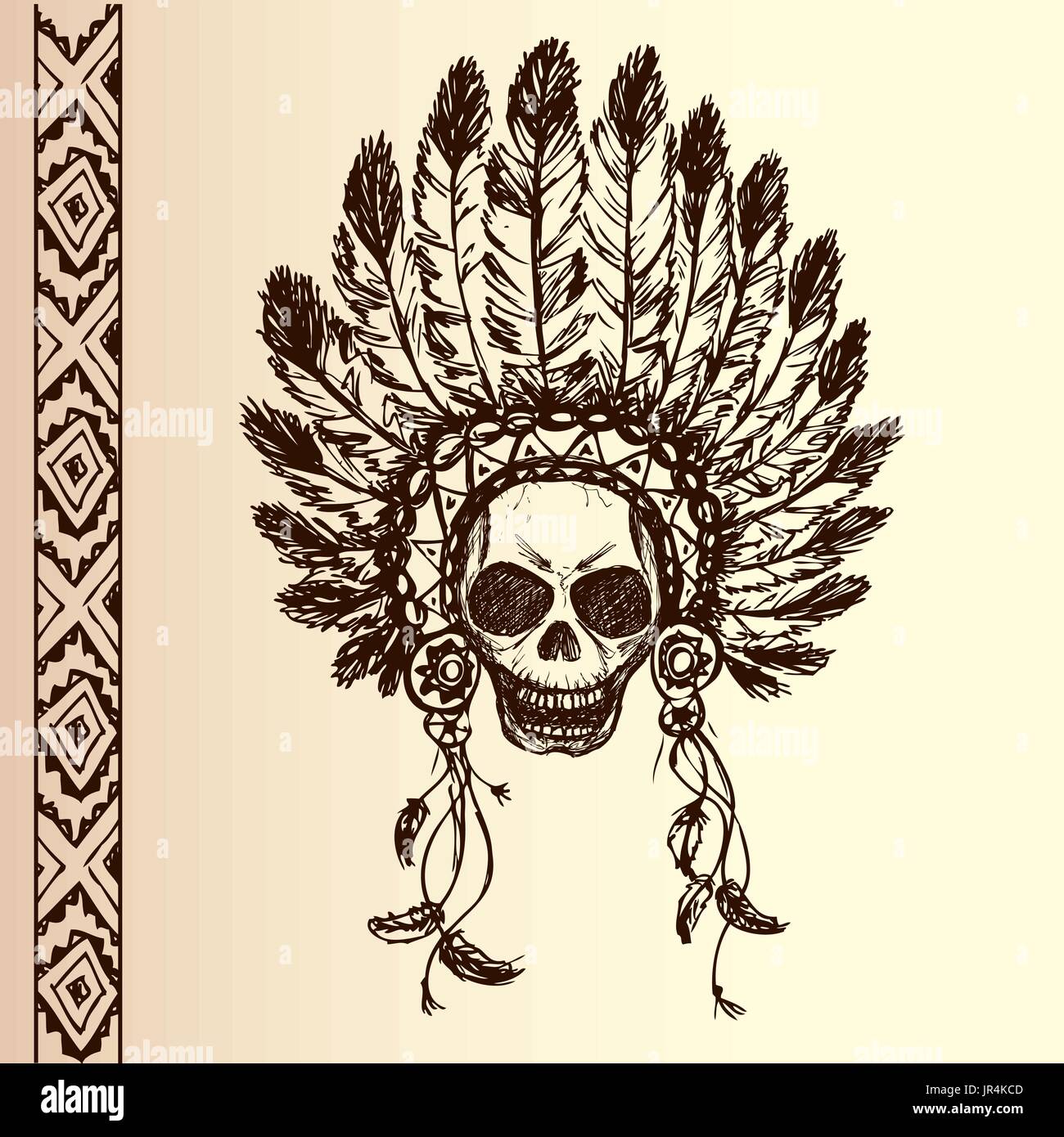 native American Indian Chef Kopfschmuck (indische Chef Maskottchen, indische Stammes-Kopfschmuck, indischer Kopfschmuck) T-shirt Grafik, Handzeichnung Stock Vektor