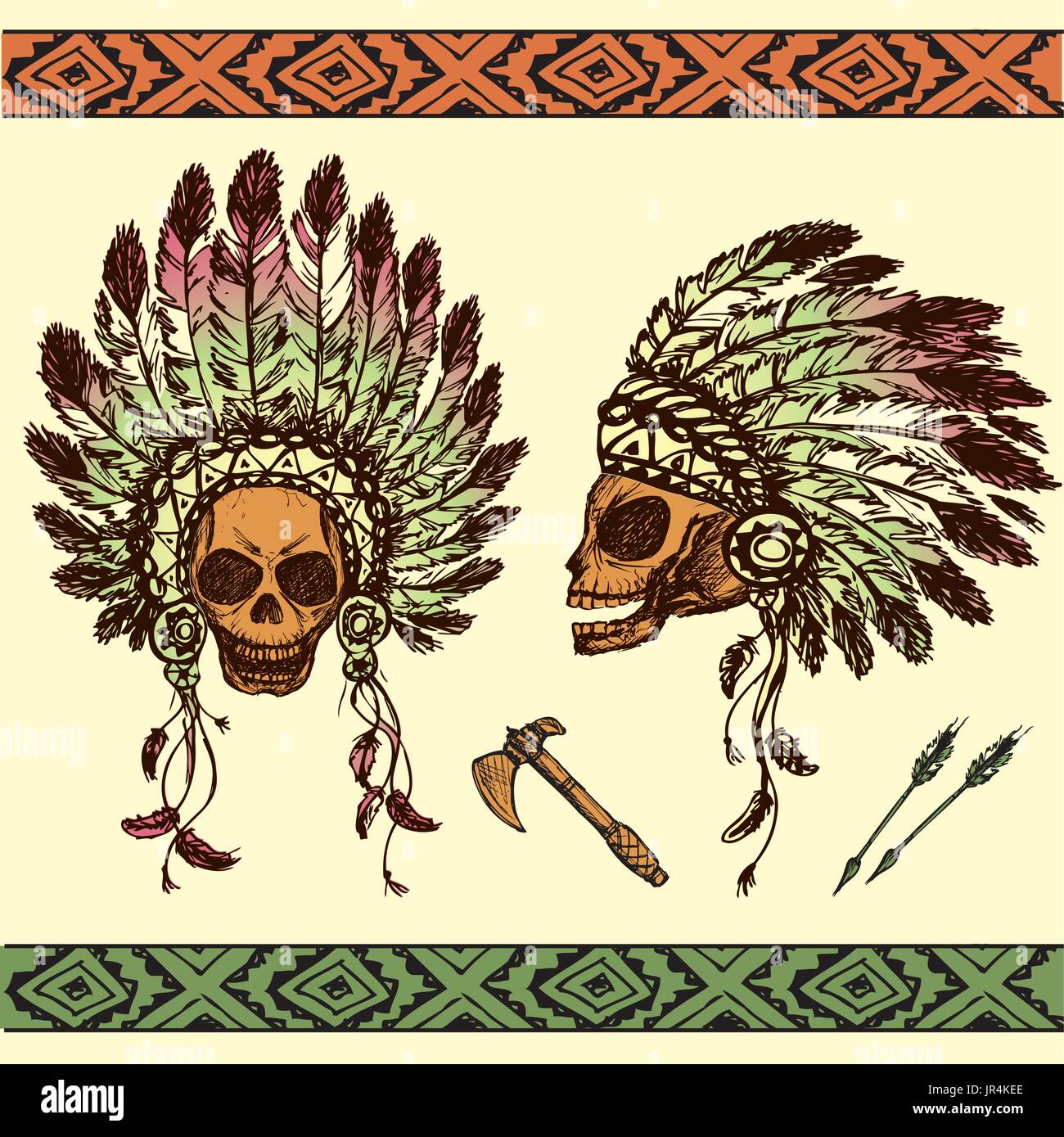 Vektor-Illustration des menschlichen Schädels in native American Indian chief Kopfschmuck mit tomahawks Stock Vektor