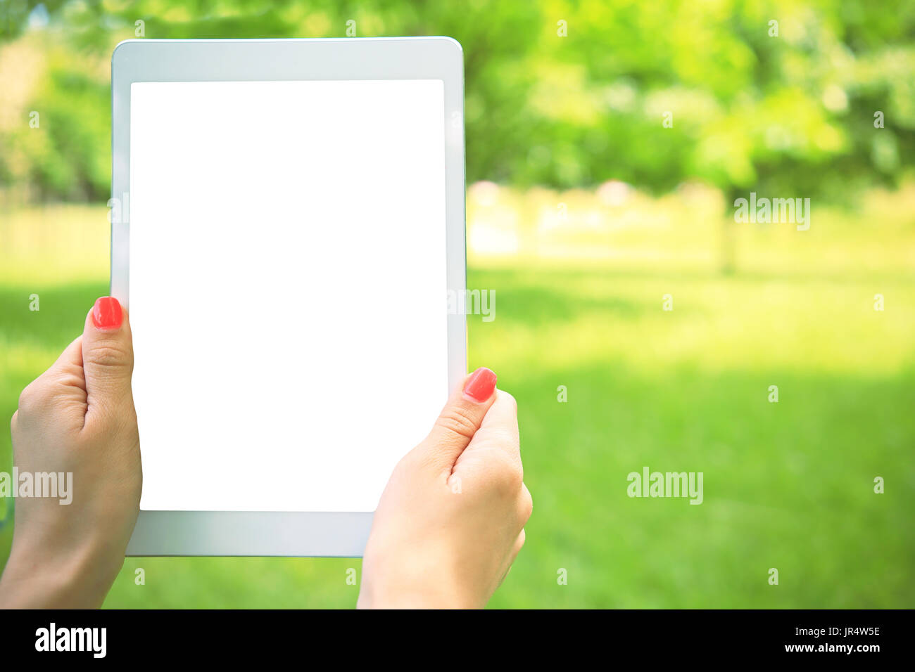 Weiße Tablette mit isolierten weißen Schirm in der Hand der Frau auf grünen natürlichen Hintergrund. Frau Hand mit Tablet Closeup. Stockfoto