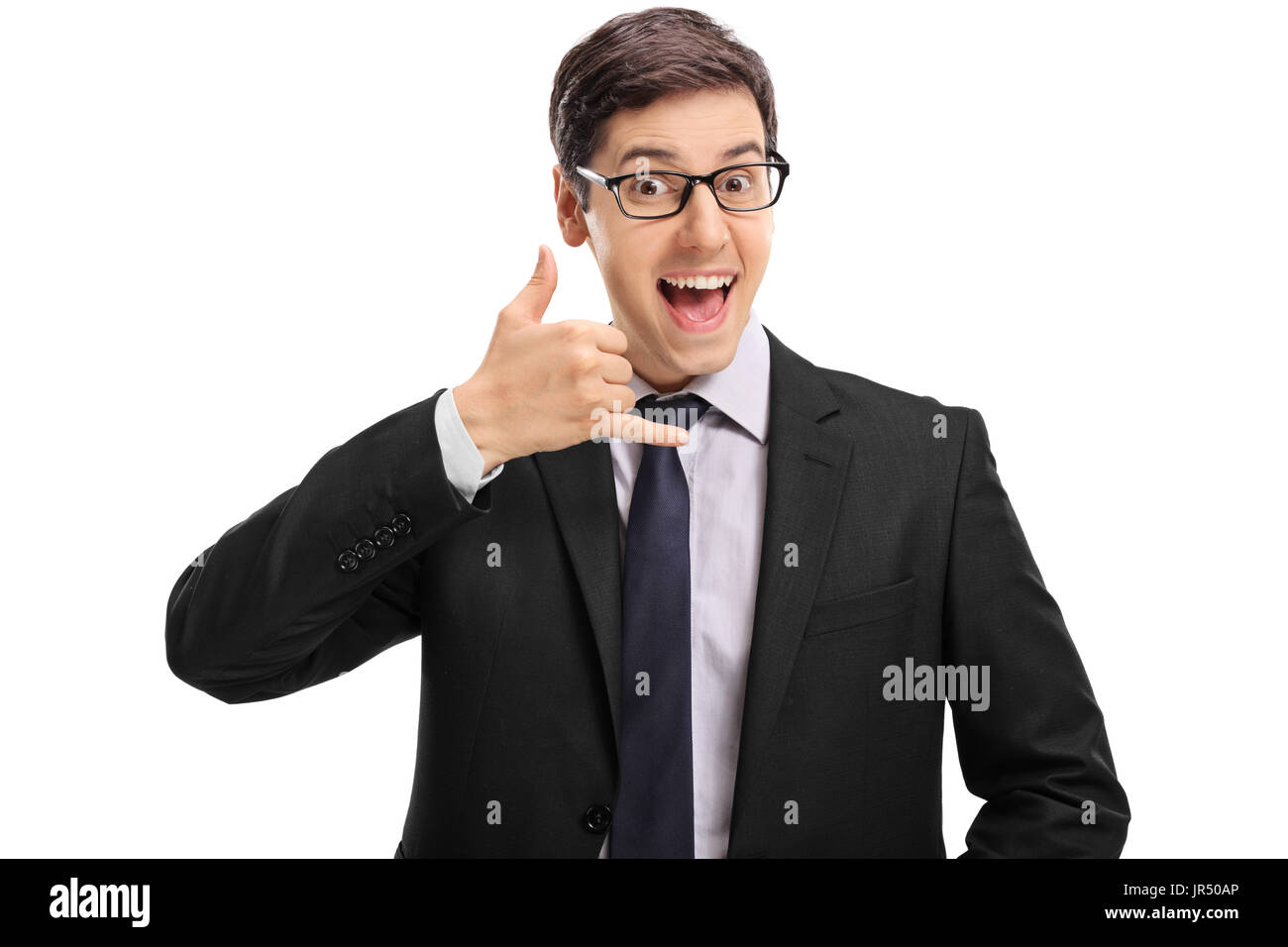 Fröhliche Geschäftsmann anrufen mich Geste isoliert auf weißem Hintergrund Stockfoto