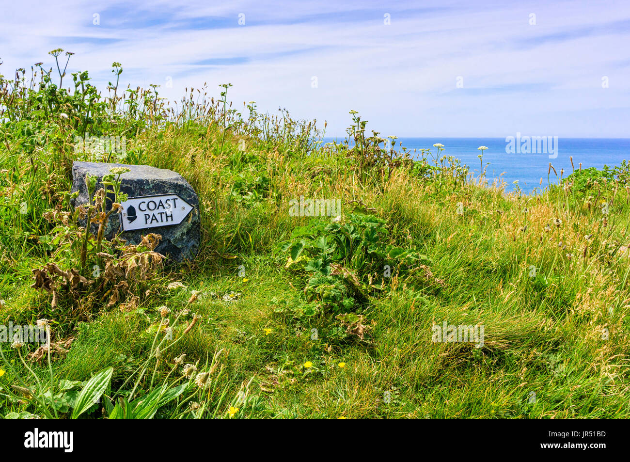 Küstenpfad unterzeichnen auf der South West Coast Path, Halbinsel Lizard, Cornwall, UK Stockfoto