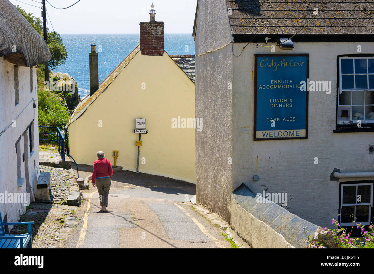 Straße in Cornwall Coast Dorf Cadgwith, Lizard Halbinsel, Cornwall, Großbritannien im Sommer mit Meer hinter Stockfoto