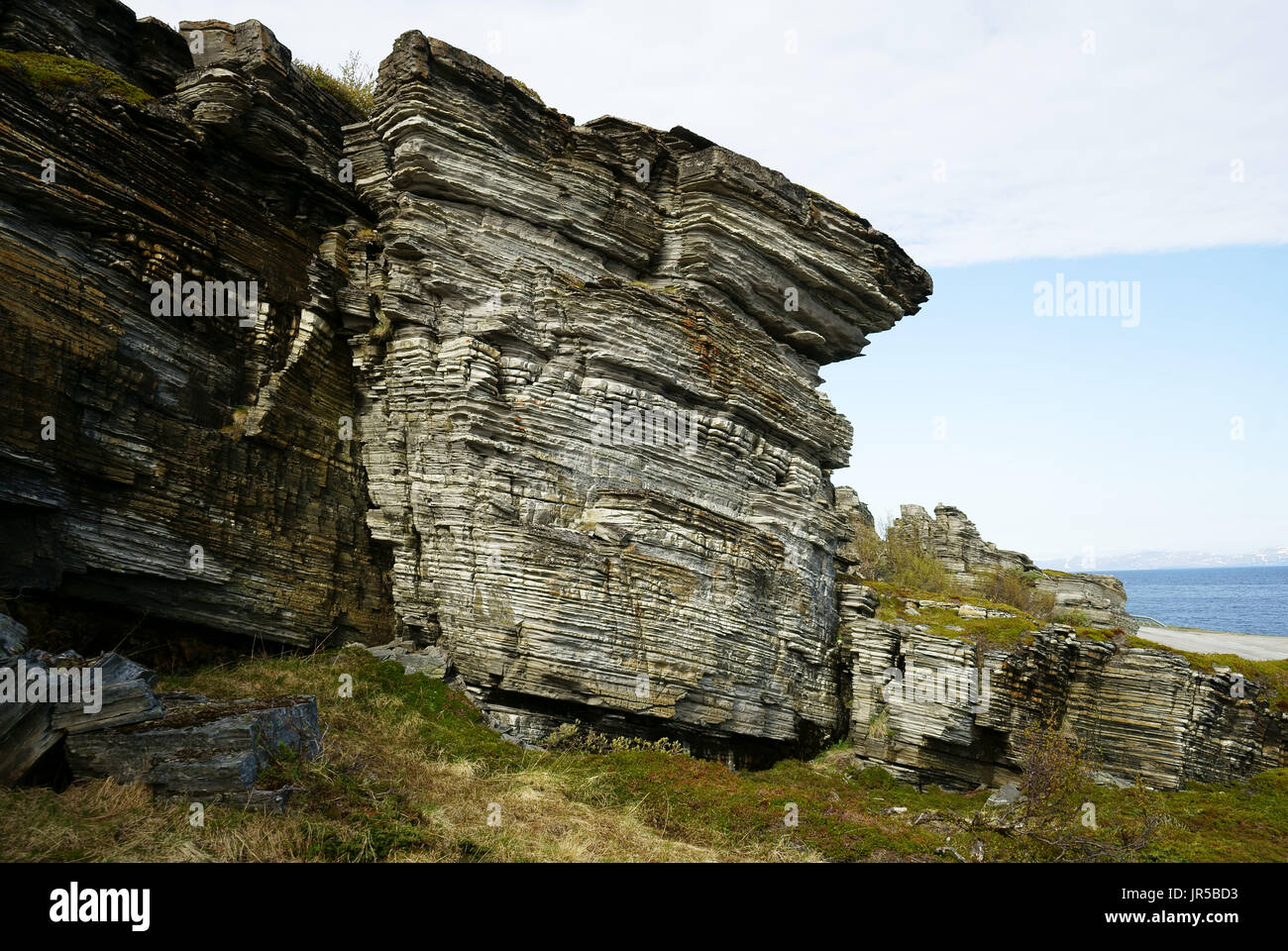 Gesteinsschichten auf Falt-Zone südlich von Honningsvag, Nordkap, Finnmark, Norwegen Stockfoto