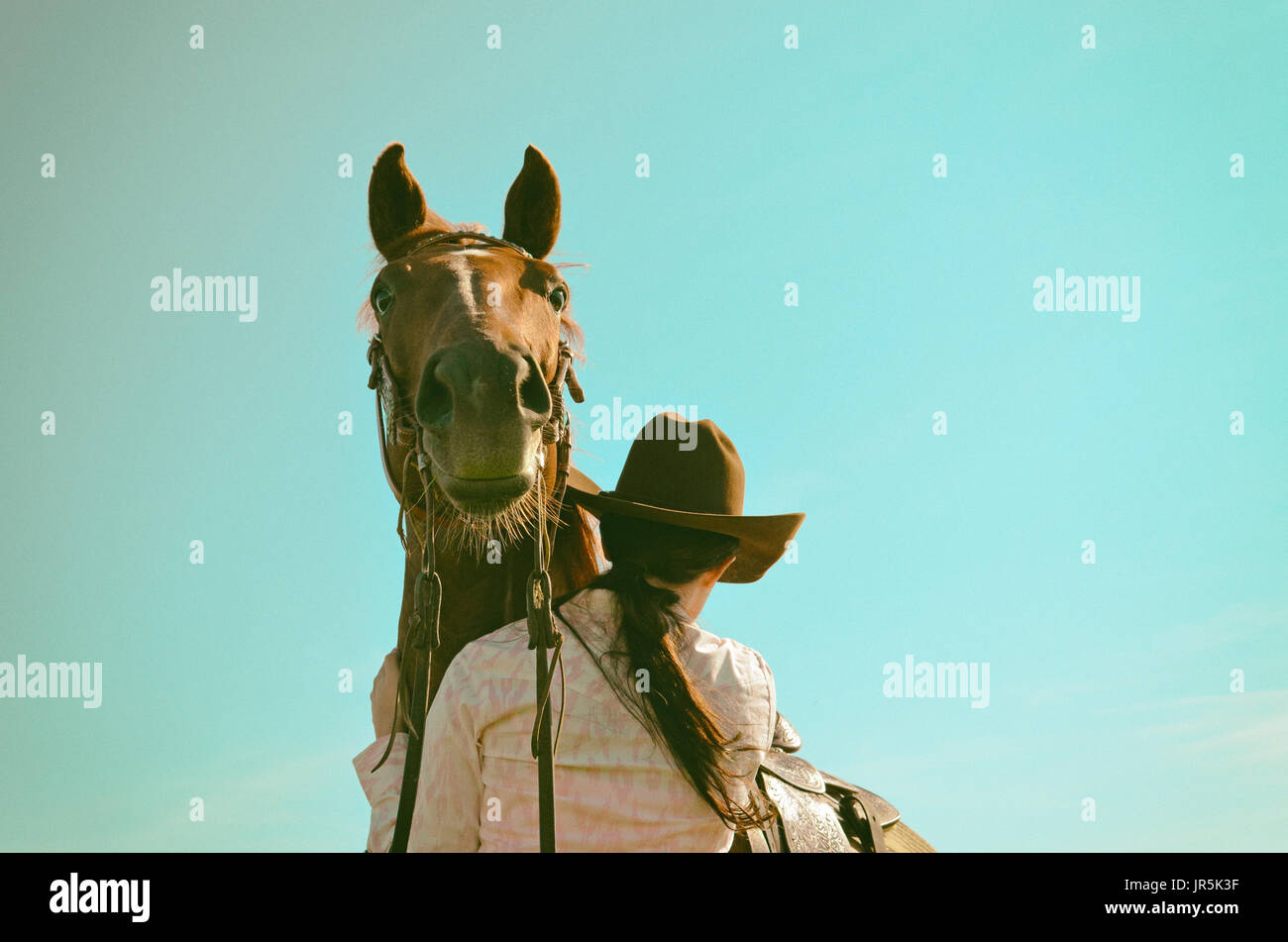 Western Pferde Bild von Pferd und Reiter mit Cowgirl Vintage Style türkis Farbe. Toll für Dekor Drucken oder Landwirtschaft Grafik. Stockfoto