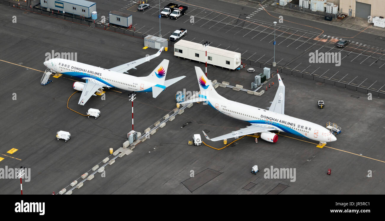 Luftaufnahme von Boeing 737-Flugzeuge im Bau bei Boeing Field, Seattle, Washington State, USA Stockfoto