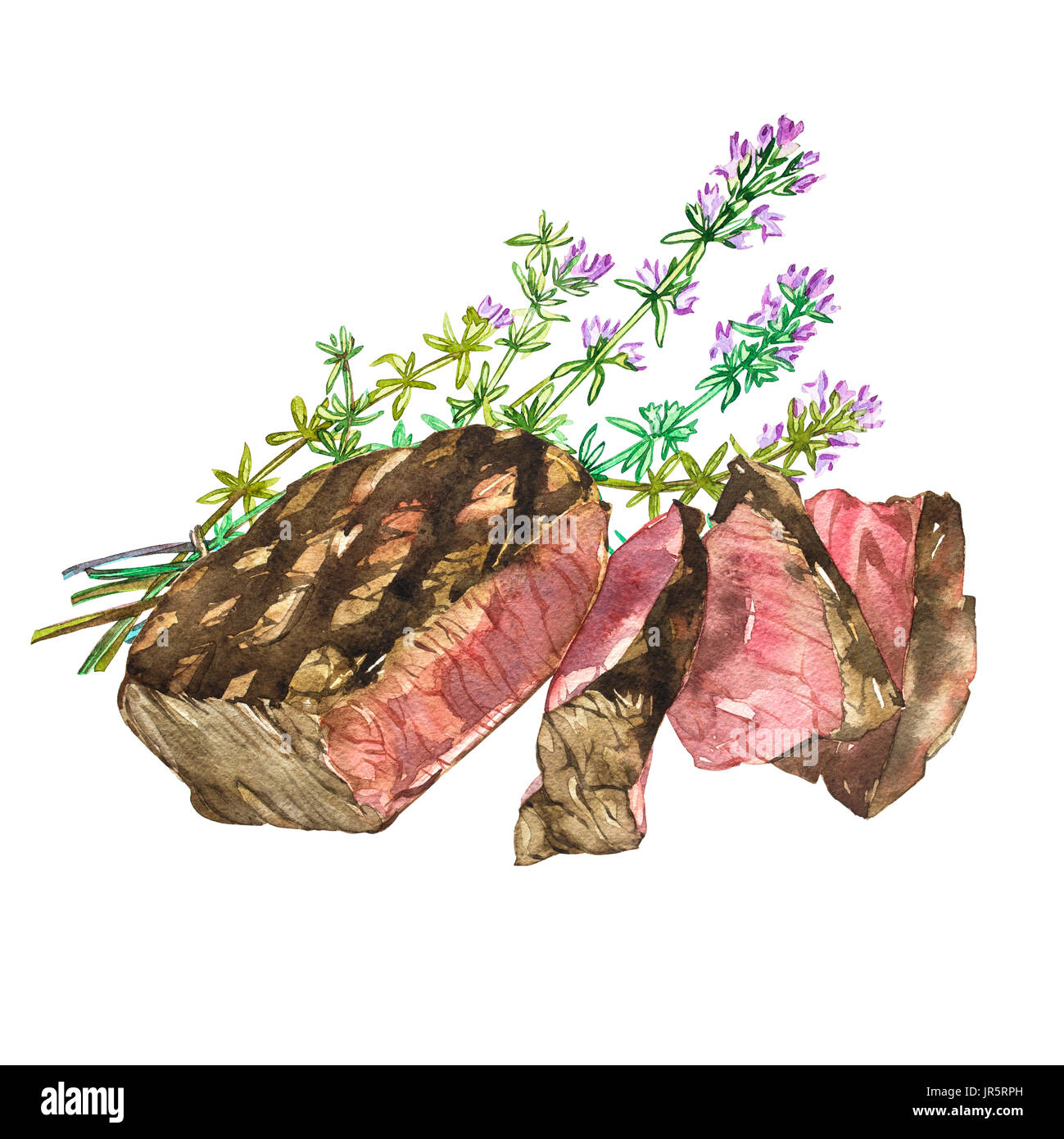 Rindfleisch mit Thymian. Aquarell Ribeye Steak. Handgezeichnete Abbildung. Isoliert auf weißem Hintergrund. Stockfoto