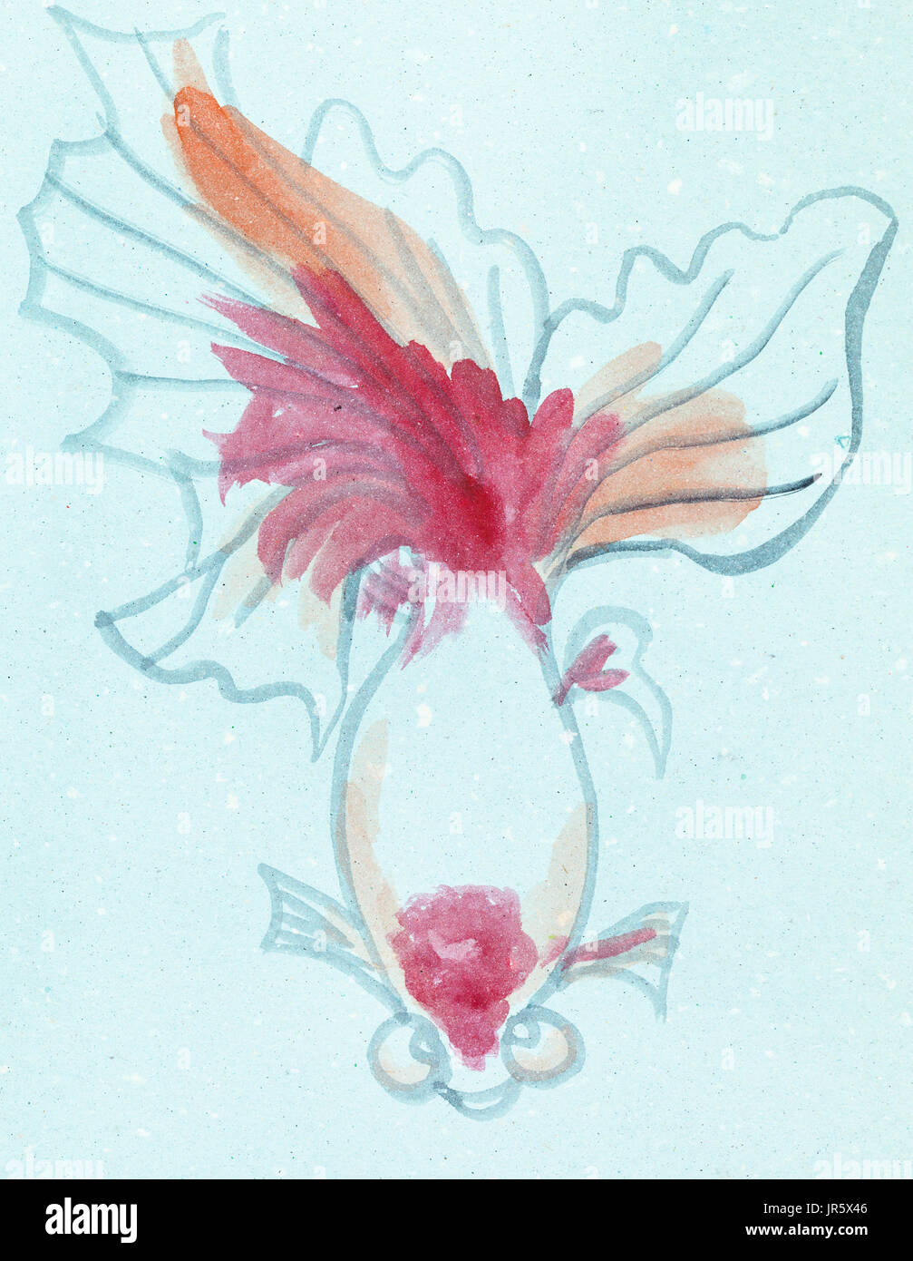 Ausbildung im Suibokuga Stil mit Aquarellfarben - Skizze von Goldfischen auf blau farbigem Papier zeichnen Stockfoto
