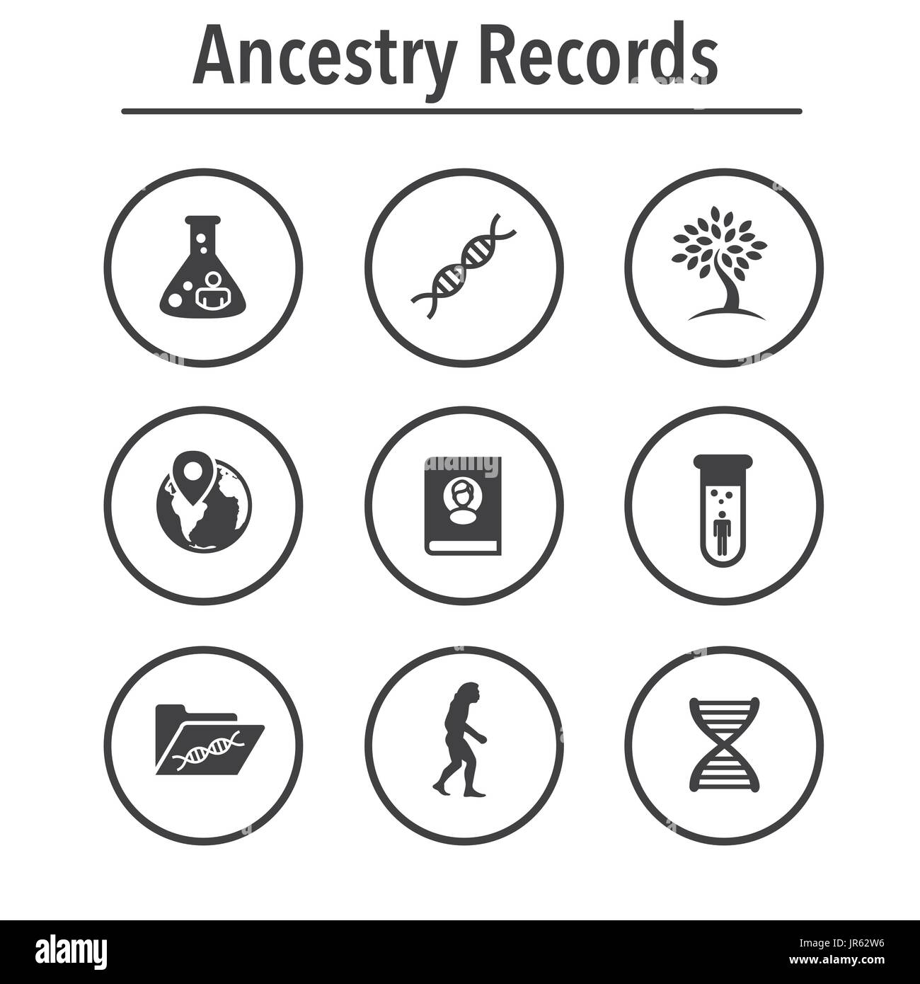 Abstammung oder Genealogie Icon Set mit Stammbaum Album, DNA, Becher, chemische Familien-Datensatz Stock Vektor
