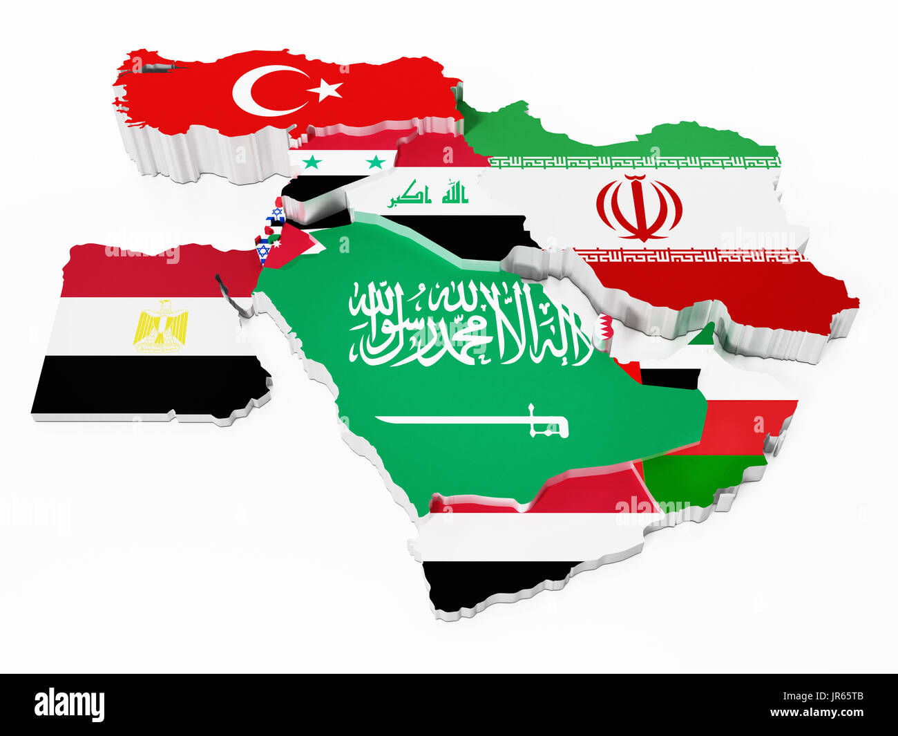 Länder des Nahen Ostens mit Länderflaggen bedeckt. 3D Illustration. Stockfoto