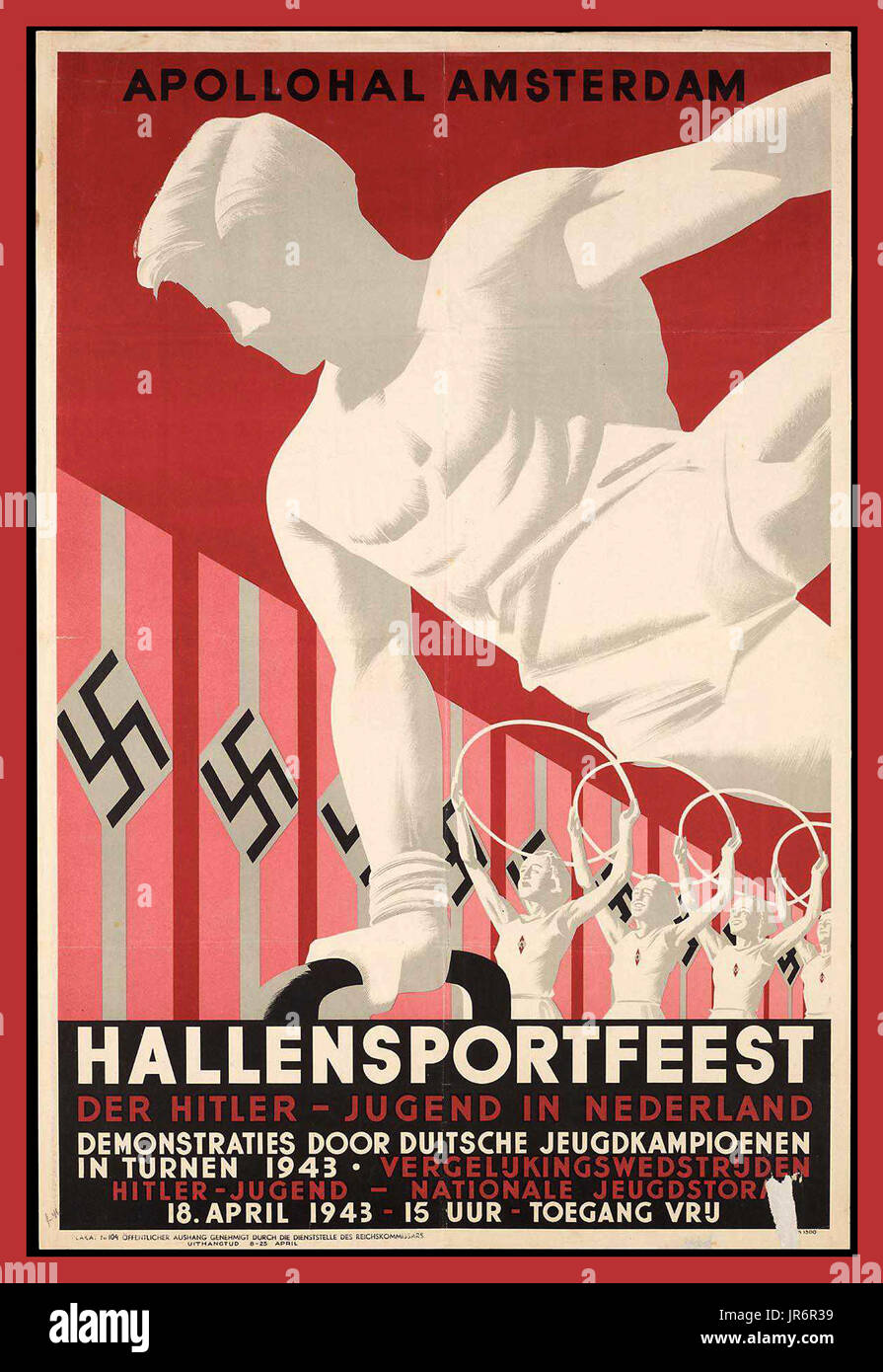 Vintage WW2 Nazi-Propagandaplakat 1943 Hallensportfeest. Die Hitlerjugend Hitler Jugend in den Niederlanden. Nazi-Deutschland-Poster. Propaganda-Postkarte des Dritten Reichs Weltkrieg 2 Stockfoto