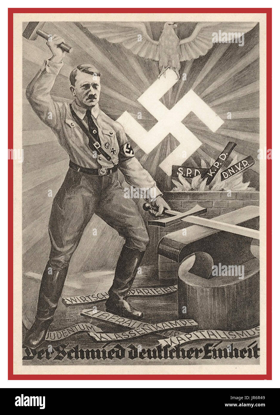 1930er Jahre Nazi-Propaganda-Plakat/Postkarte mit Adolf Hitler als der "Nation's Blacksmith" Schmieden eines neuen vereinigten Staates, eine politische Parteilösung, mit glühendem Swastika-Emblem hinter...Nazismus Symbolismus Propaganda Stockfoto