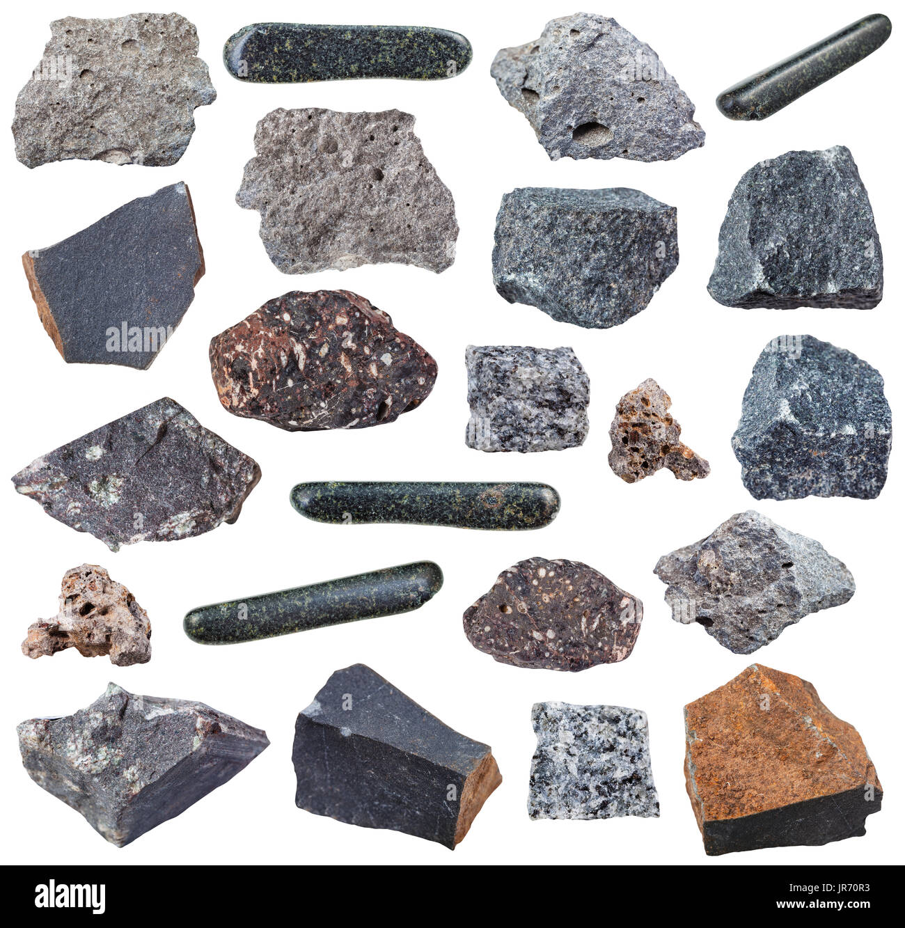 Sammlung von verschiedenen Basalt magmatischen Gesteine (Basalt, Gabbro, Tachylite, Tachylyte, Tholeiite, Glassbasalt, Hyalobasalt usw.) isoliert auf weißem staatlich Stockfoto
