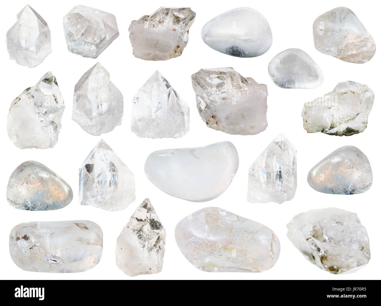 Sammlung von verschiedenen natürlichen Bergkristalle (klare Quarz, Strass, Bergkristall) isoliert auf weißem Hintergrund Stockfoto
