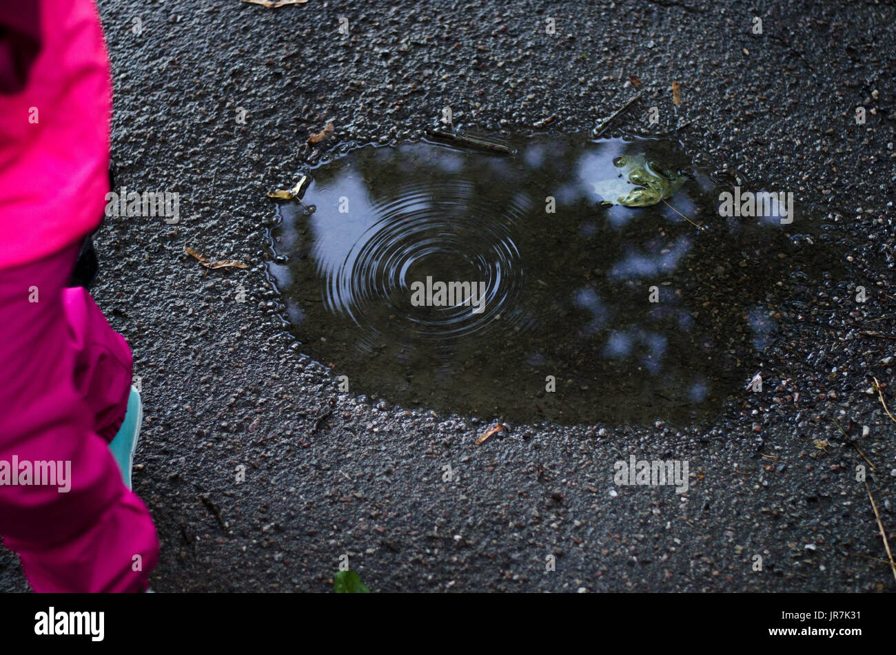 Stockholm, Schweden. 4. August 2017. Regentag in Stockholm nach mehreren Tagen mit warmen Sommertagen ohne Regen. Mädchen in bunte Regenkleidung und Latex Stiefel reitet ihr Kick-Bike in den regnerischen Straßen. Bildnachweis: Jari Juntunen/Alamy Live-Nachrichten Stockfoto