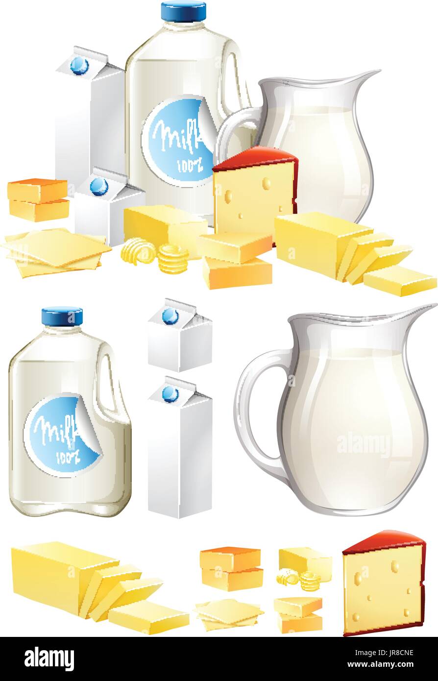 Verschiedene Milchprodukte mit Milch und Käse illustration Stock Vektor