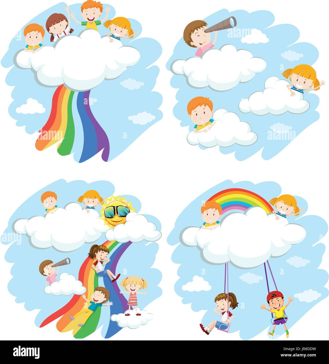 Glückliche Kinder spielen auf den Wolken und Regenbogen-illustration Stock Vektor