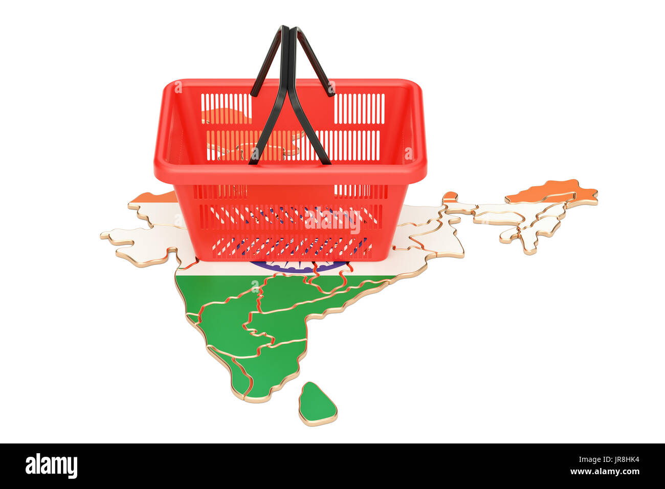 Warenkorb auf indische Karte, Markt Korb oder Kaufkraft in Indien Konzept. 3D-Rendering Stockfoto