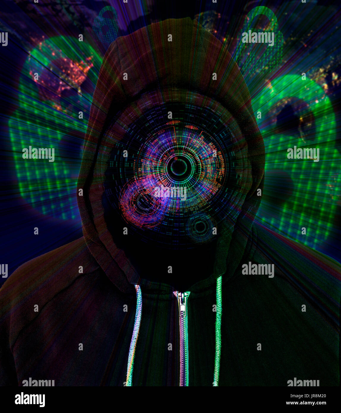 Computer-Hacker tragen eine schwarze Kapuzenshirt mit einer Augmentation HUD-Display mit Vorhängeschlössern und Binär-Code im Hintergrund Stockfoto