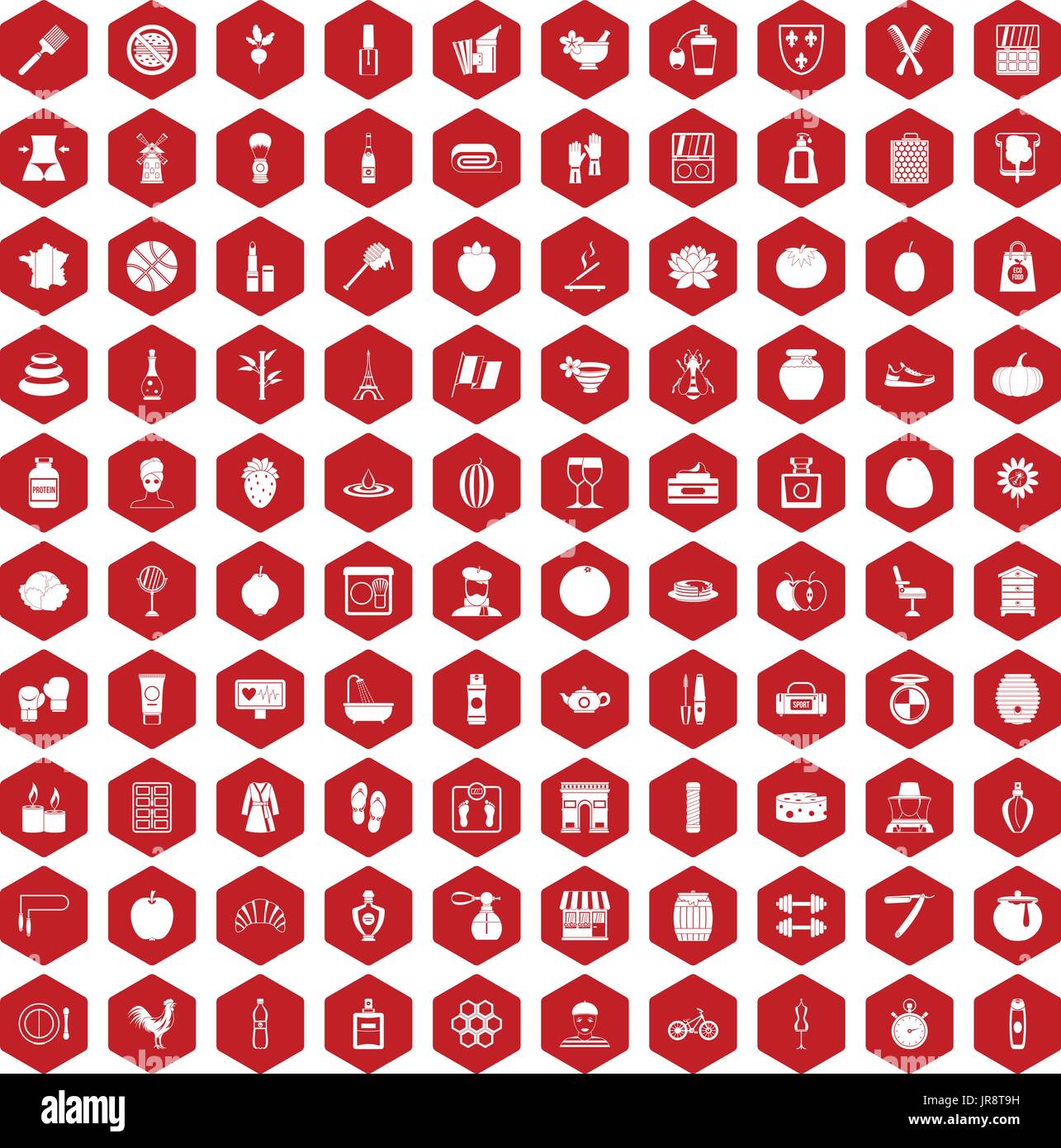 100 Beauty Produkt Symbole Sechseck rot Stock Vektor