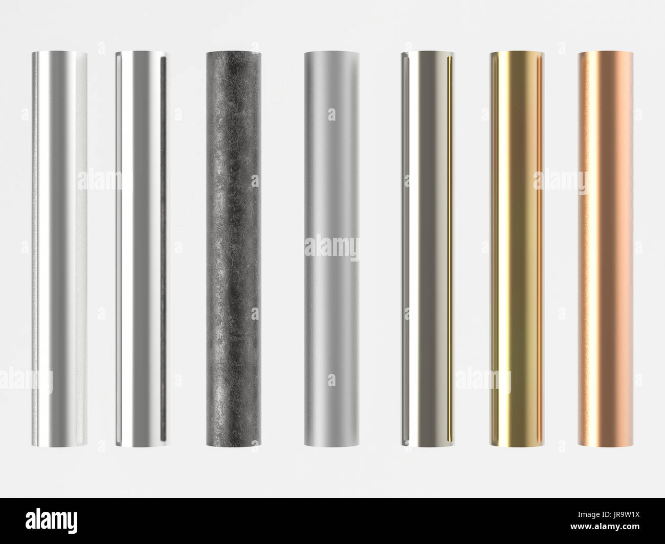 3D Rendering sieben Schattierungen von Metallrohren, isoliert auf weiss Stockfoto