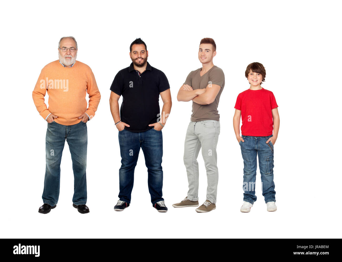 Vier Generationen von Männern, die auf einem weißen Hintergrund isoliert Stockfoto