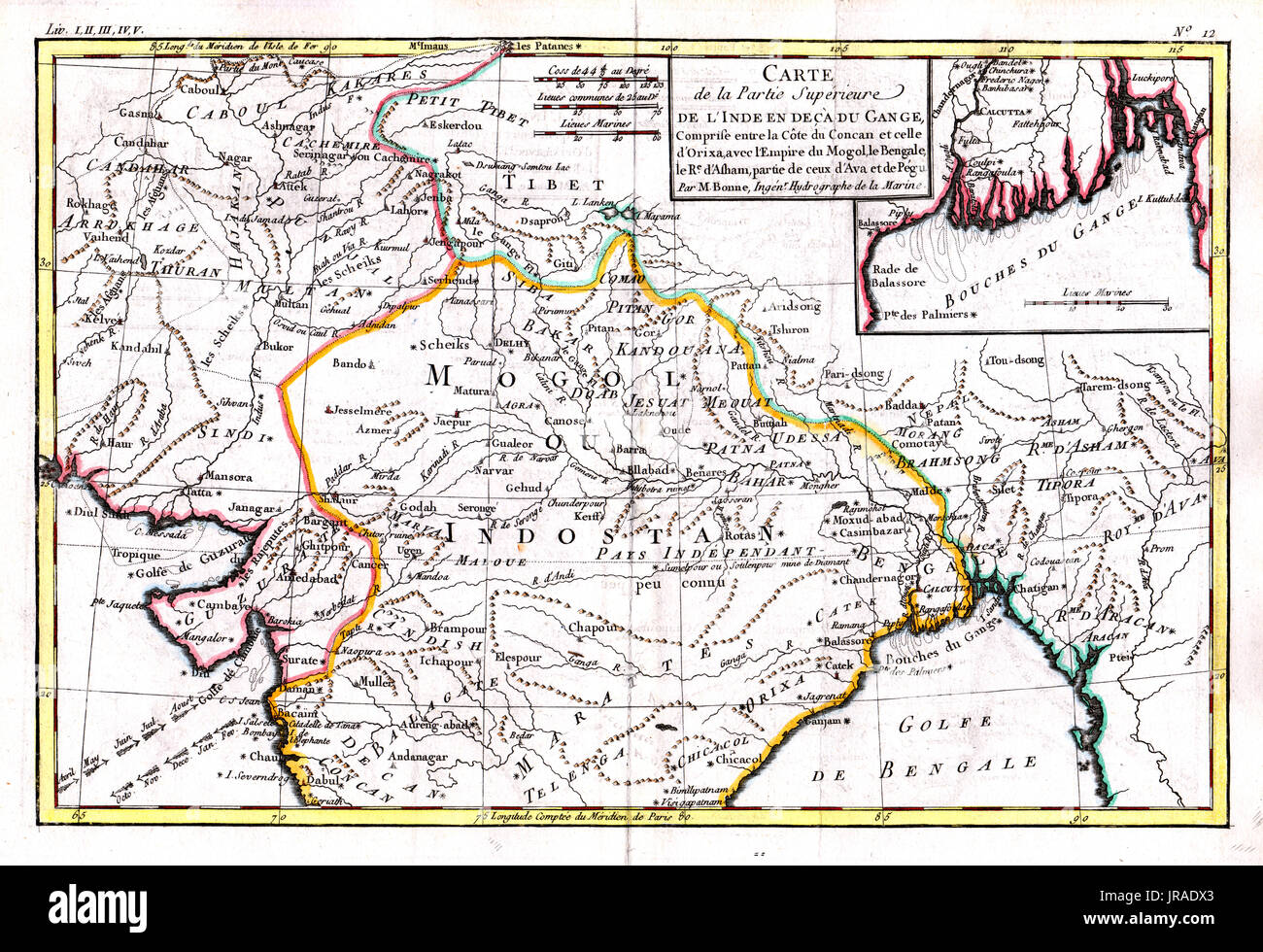 1780 Bonne Antike Landkarte von Nord-Indien, Nepal, Tibet, Punjab oder Pakistan und Afghanistan Stockfoto