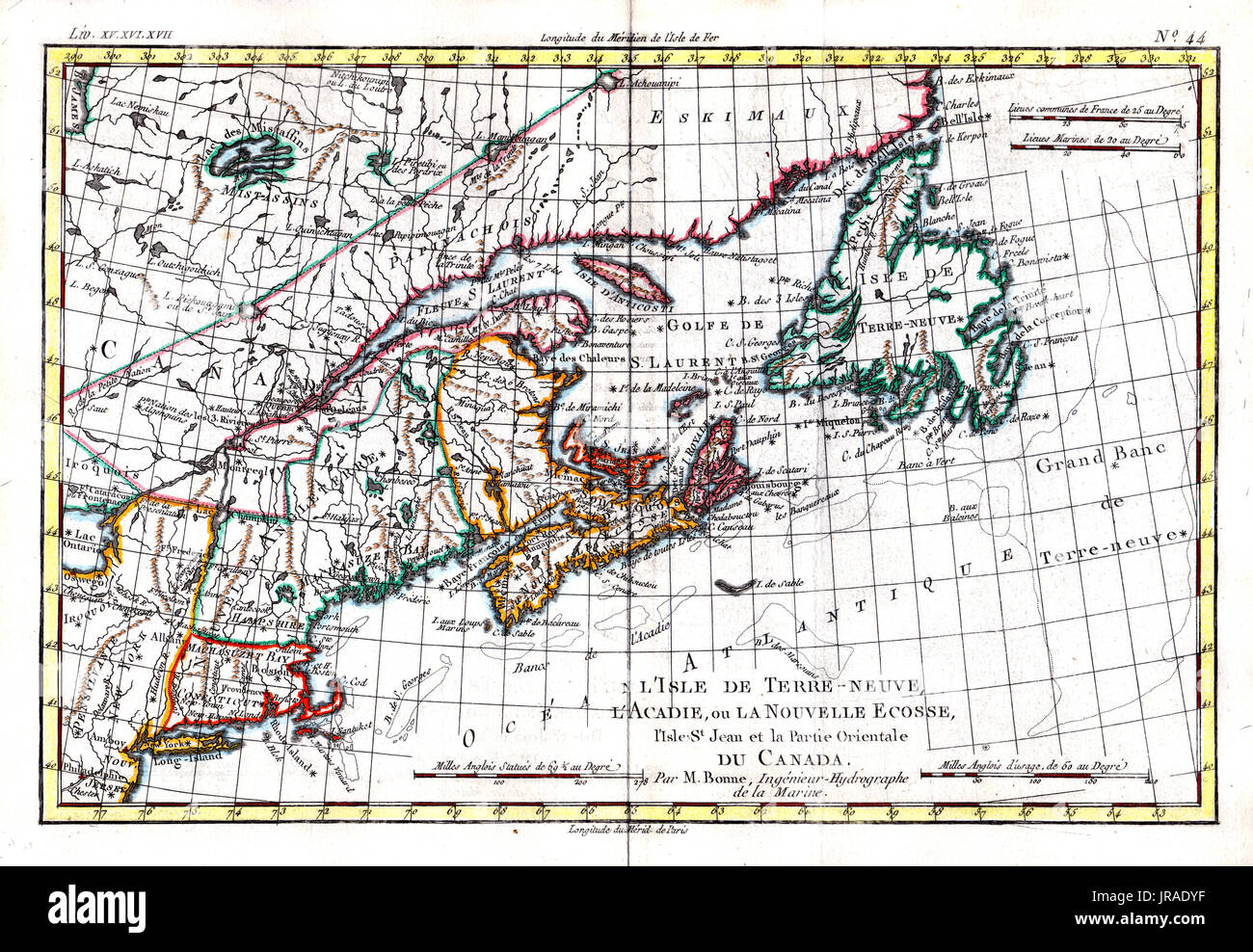 1780 bonne antike Karte der USA Nordosten und Nova Scotia Kanada, einschließlich Neufundland, New England, Maine, Massachusetts und anderen Staaten Stockfoto
