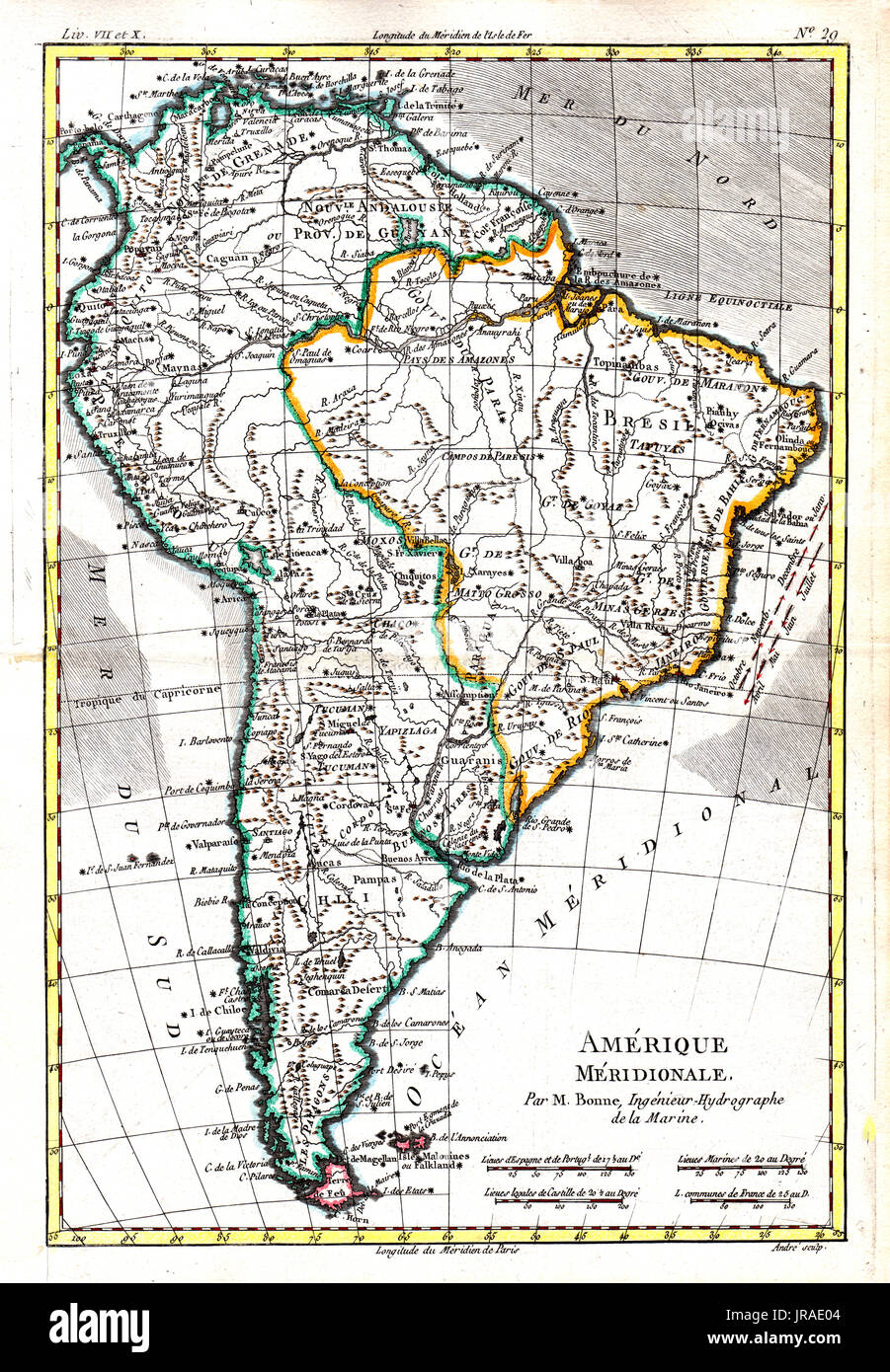 1780 Bonne Antike Landkarte des Kontinents Südamerika Stockfoto