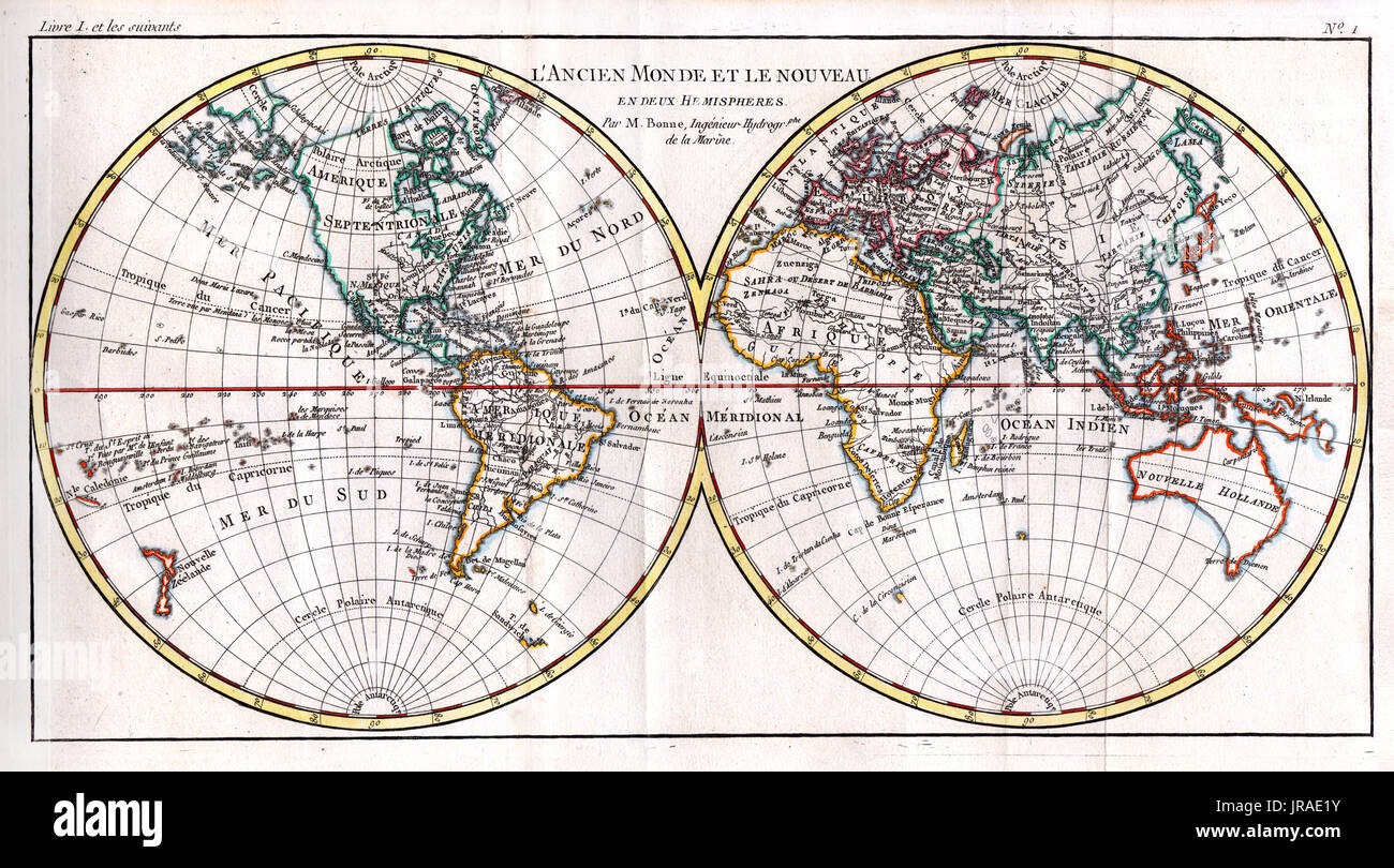 1780 bonne antike Karte von Welt in Hemisphären, die Kontinente Nordamerika, Südamerika, Asien, Europa, Afrika und Australien. Stockfoto