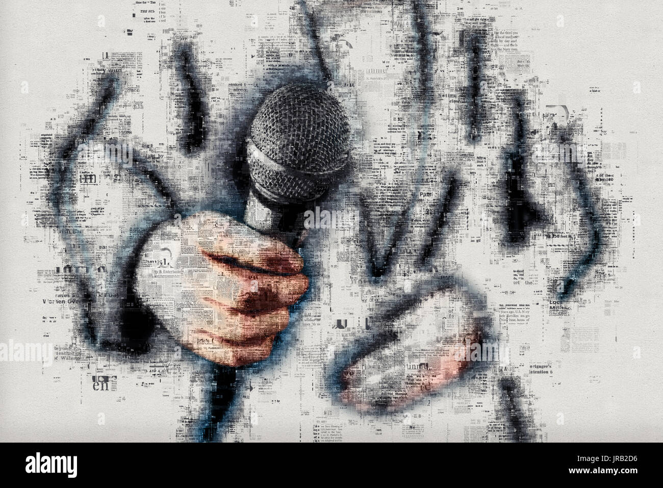 Weibliche Nachrichten Reporter journalist Durchführung Interview, Hand mit Mikrofon, mixed media Abbildung Stockfoto